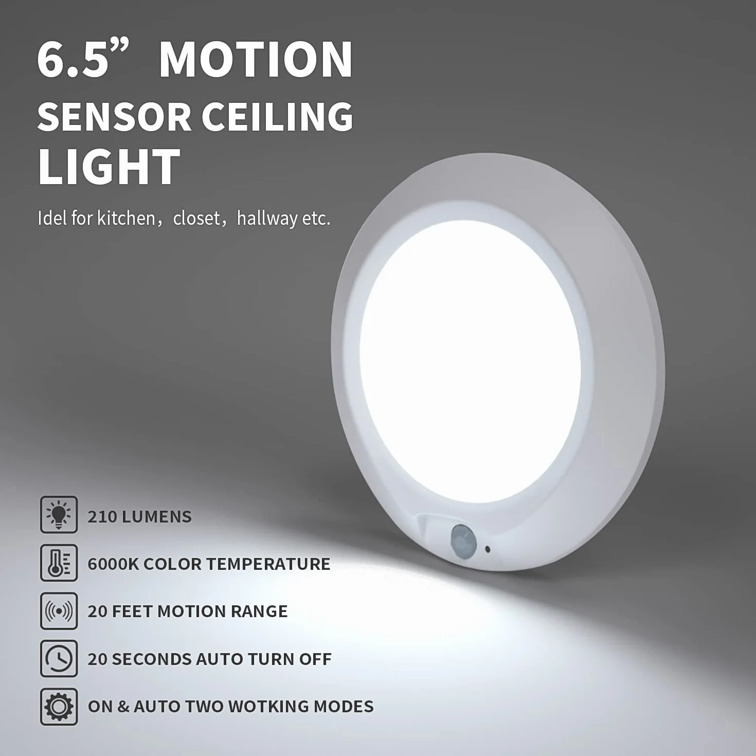 RAWNICE Luz de techo con sensor de movimiento LED inalámbrica 6.5 pulgadas 210 lm fría
