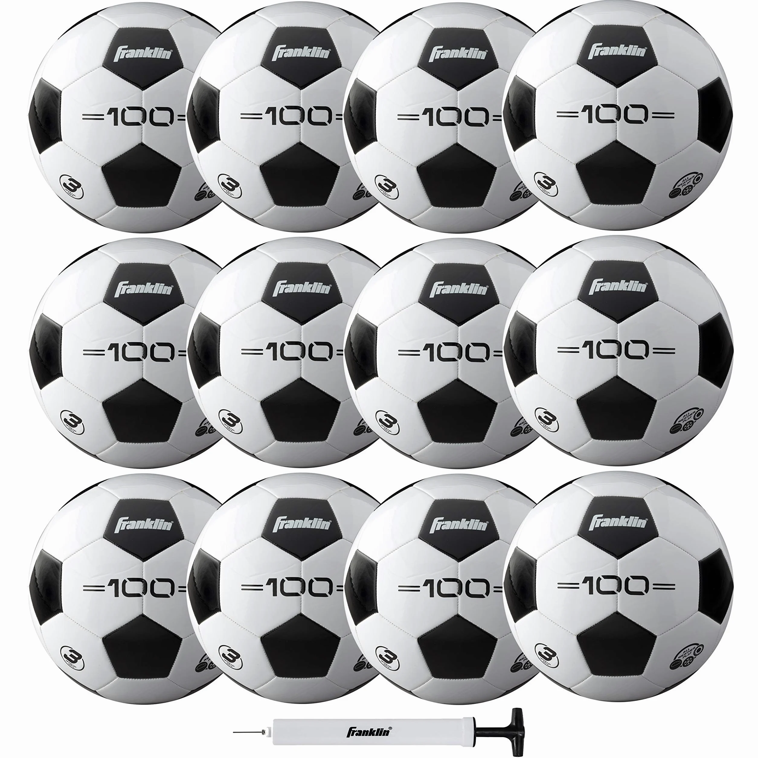 Franklin Sports Juego de 100 balones de fútbol para jóvenes y Adultos, tamaño 3, 4 + 5 Tradicional, Individual + 12 Paquetes, Color Negro y Blanco
