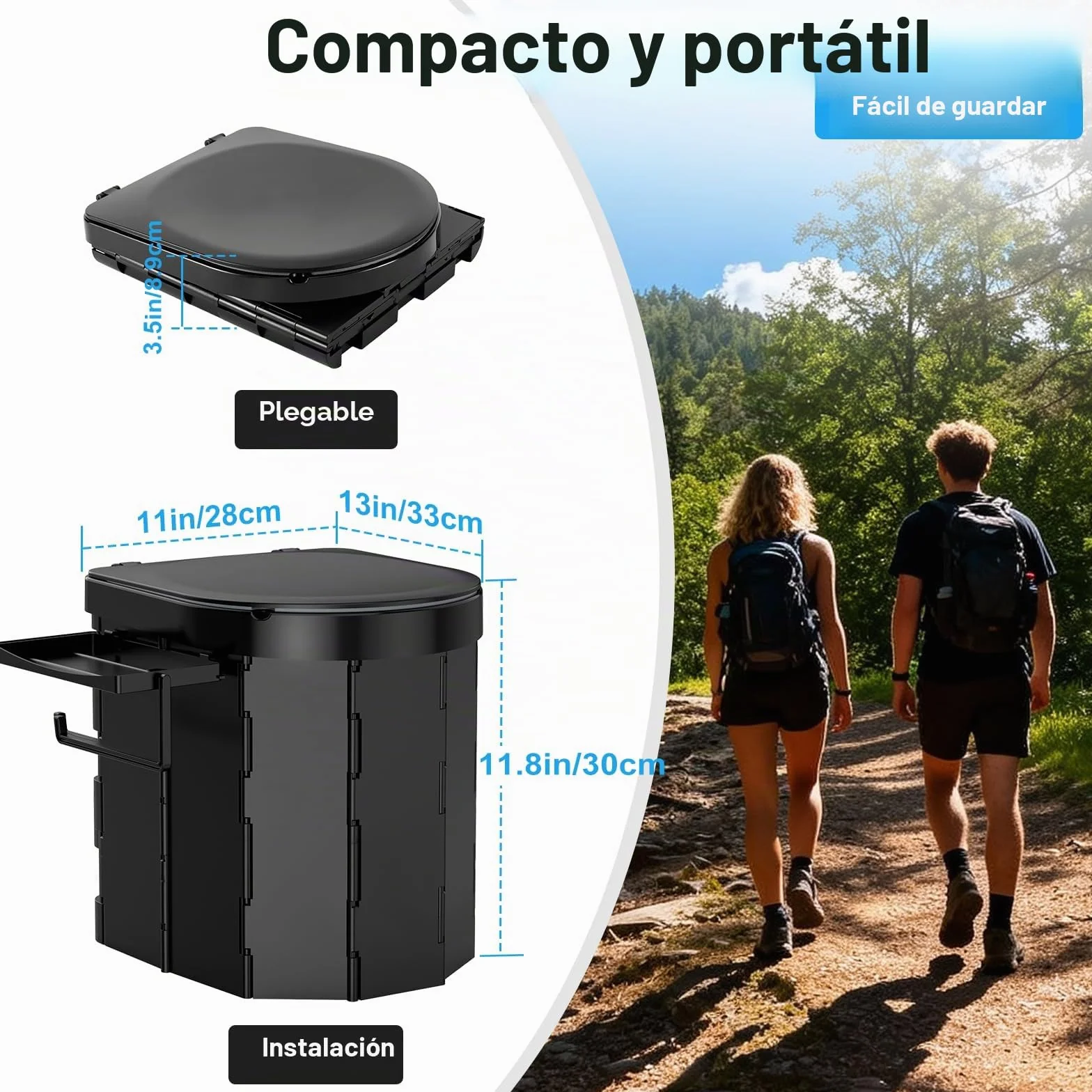 WADEO Inodoro portátil de camping y para coche con cómodo asiento de EVA, inodoro plegable para adultos, cubo higiénico con tapa integrada, portarrollos, soporte para el móvil y 20 bolsas