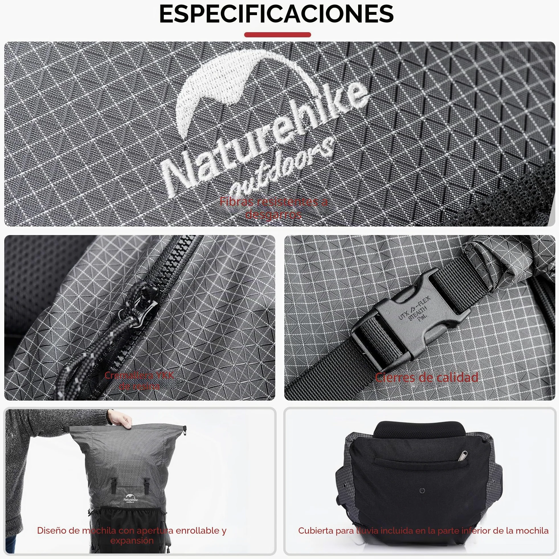 Naturehike Rock 40/60+5L Mochila de senderismo ligera para hombres/mujeres, mochila plegable impermeable con marco interior, mochila para camping, ciclismo, escalada, senderismo, montañismo, al aire