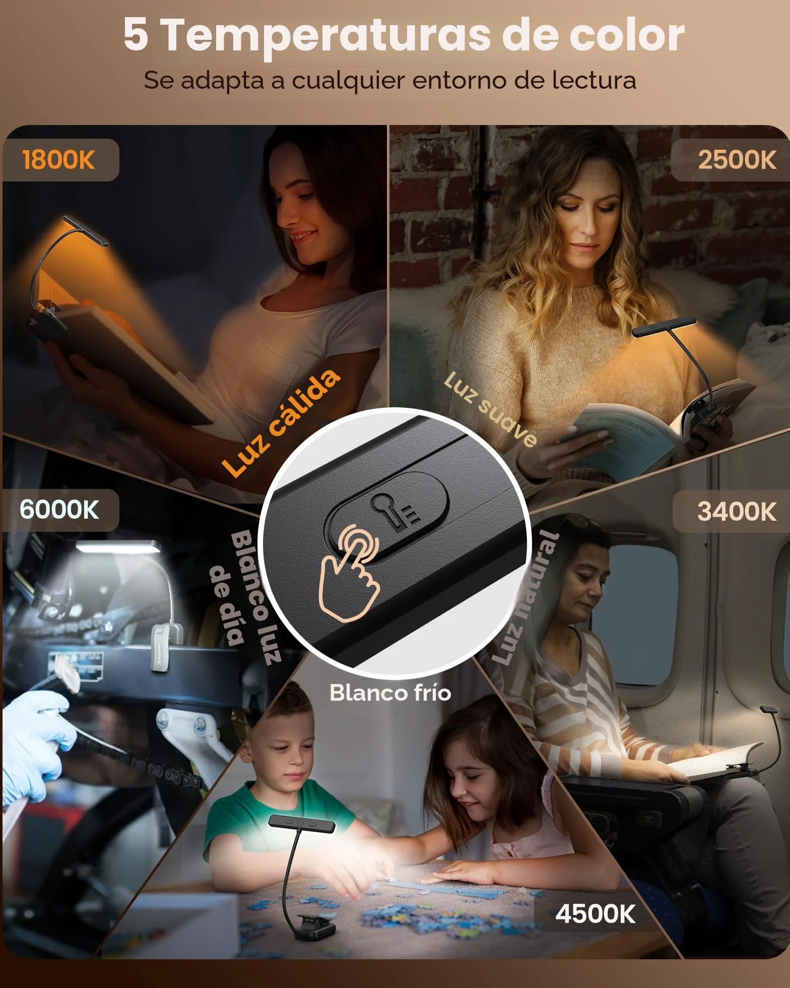 Glocusent 26 LED Luz de Lectura USB-C Recargable 360° Flexible 5 Colores 5 Brillos Protección Ocular Lampara Libro Modo Memoria Negro