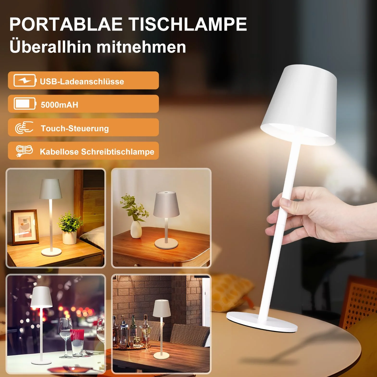 Lámparas LED de Mesa Inalámbrica con Batería 5000mAh USB-C 3 Temperaturas de Color Ajuste Táctil IP54 Resistente al Agua