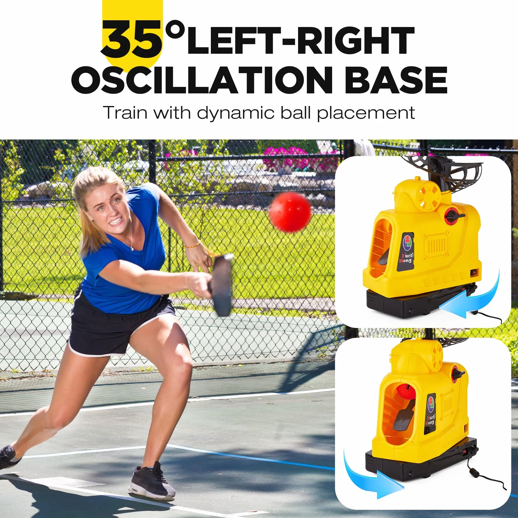Furlihong 681TPCBH Máquina Lanzadora 4 en 1 Béisbol Pickleball Tenis Críquet – Oscilación Automática, 4 Niveles de Distancia, Soporte Ajustable, Funciona con Batería/CA/Power Bank, para Principiantes