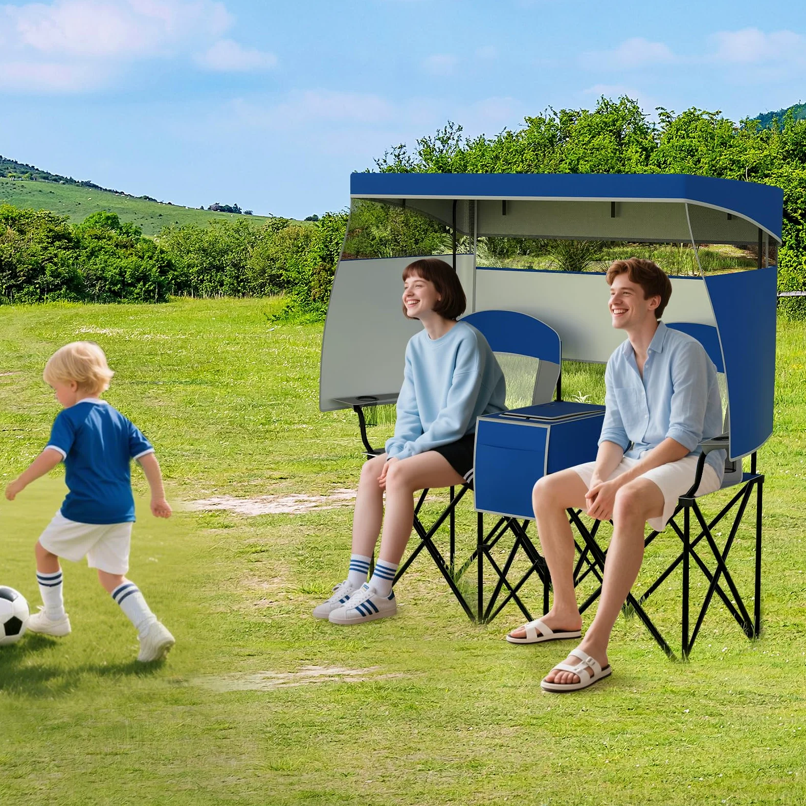 GOPLUS Silla de Playa con Dosel Ajustable, Silla Plegable de Camping Sobredimensionada con Sombra Enrollable, Bolsa Enfriadora, Portavasos, Bolsa de Transporte, para 2 Personas (Azul)