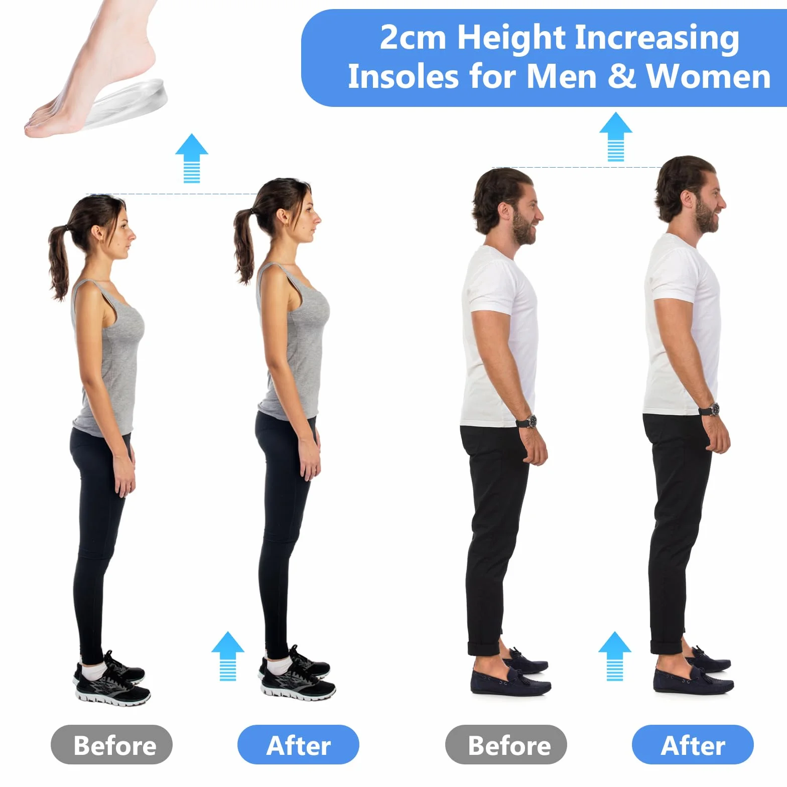 Plantillas de Gel de Silicona para Talón 2 cm, Aumentar Altura Hombre Mujer, Soporte Amortiguación Impactos