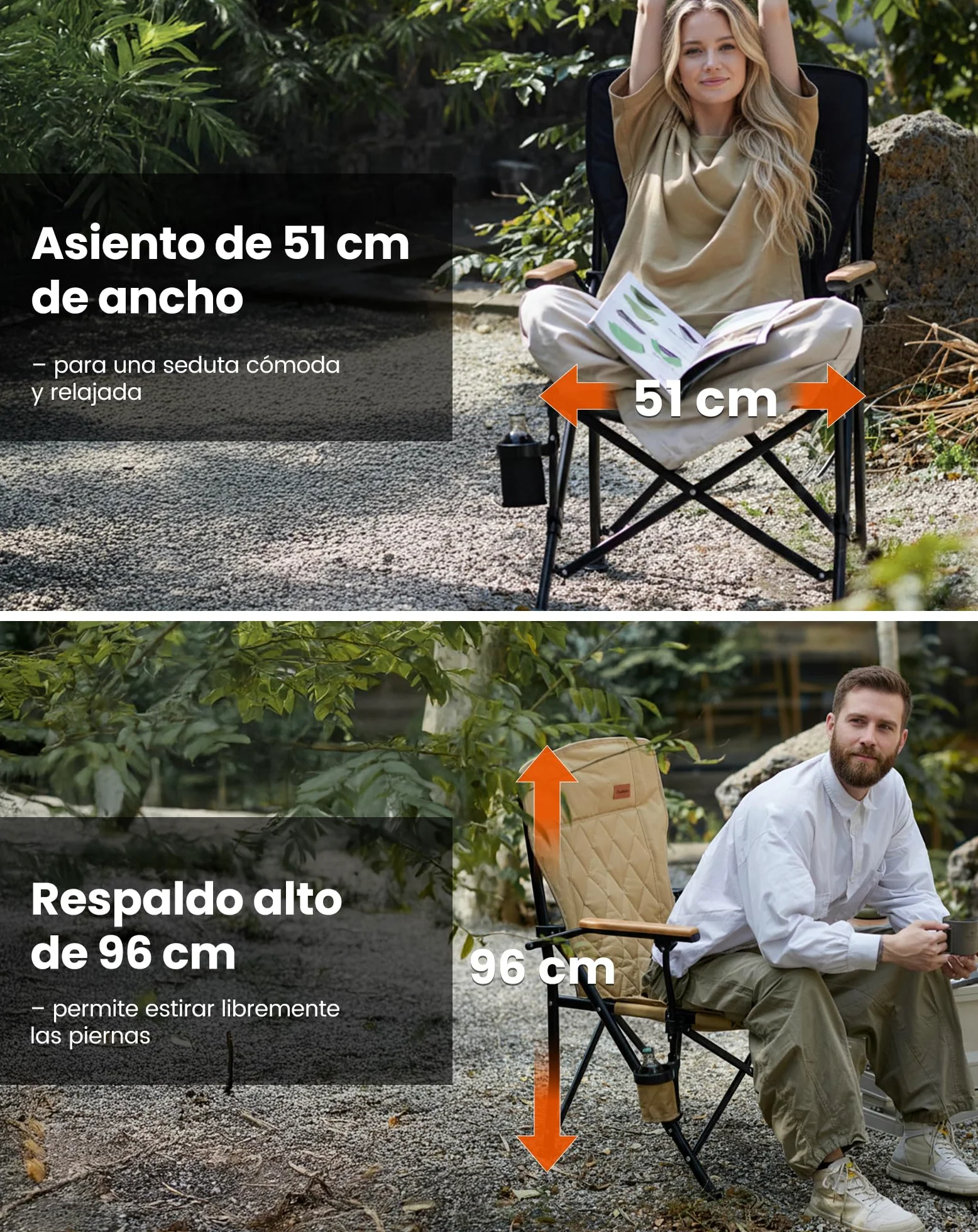 KingCamp Silla de Camping Plegable 136kg, Respaldo Alto, Acolchada | XXL Silla Plegable, con Brazos de Madera, Doble Acolchado, Portavasos, Bolsa de Transporte, para Camping, Jardín y Pesca.