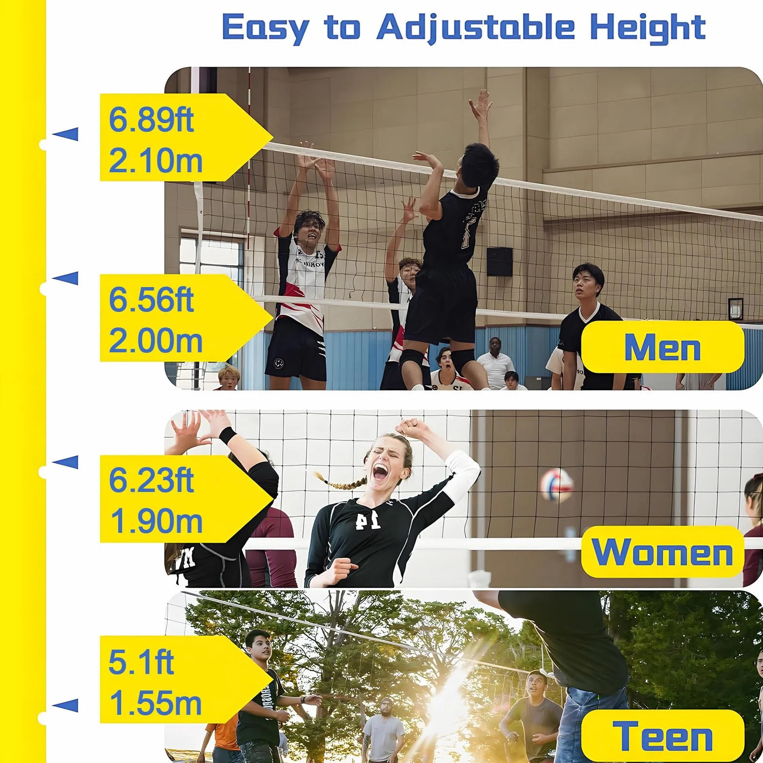 Postes De Voleibol con Base Estable, Red Ajustable 1,55-2,1 m, para Patio Exterior Adultos Niños