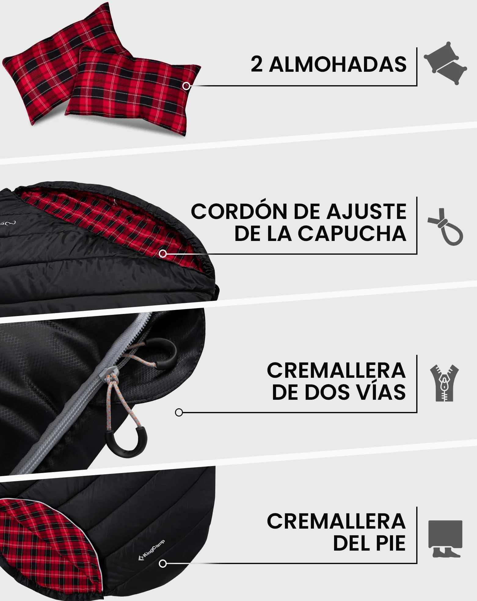 KingCamp Saco de Dormir Doble de Franela de algodón para 2 Personas - Abrigado para Invierno, 3-4 Estaciones, Incluye 2 Almohadas - Ideal para Camping, Viajes y Actividades al Aire Libre