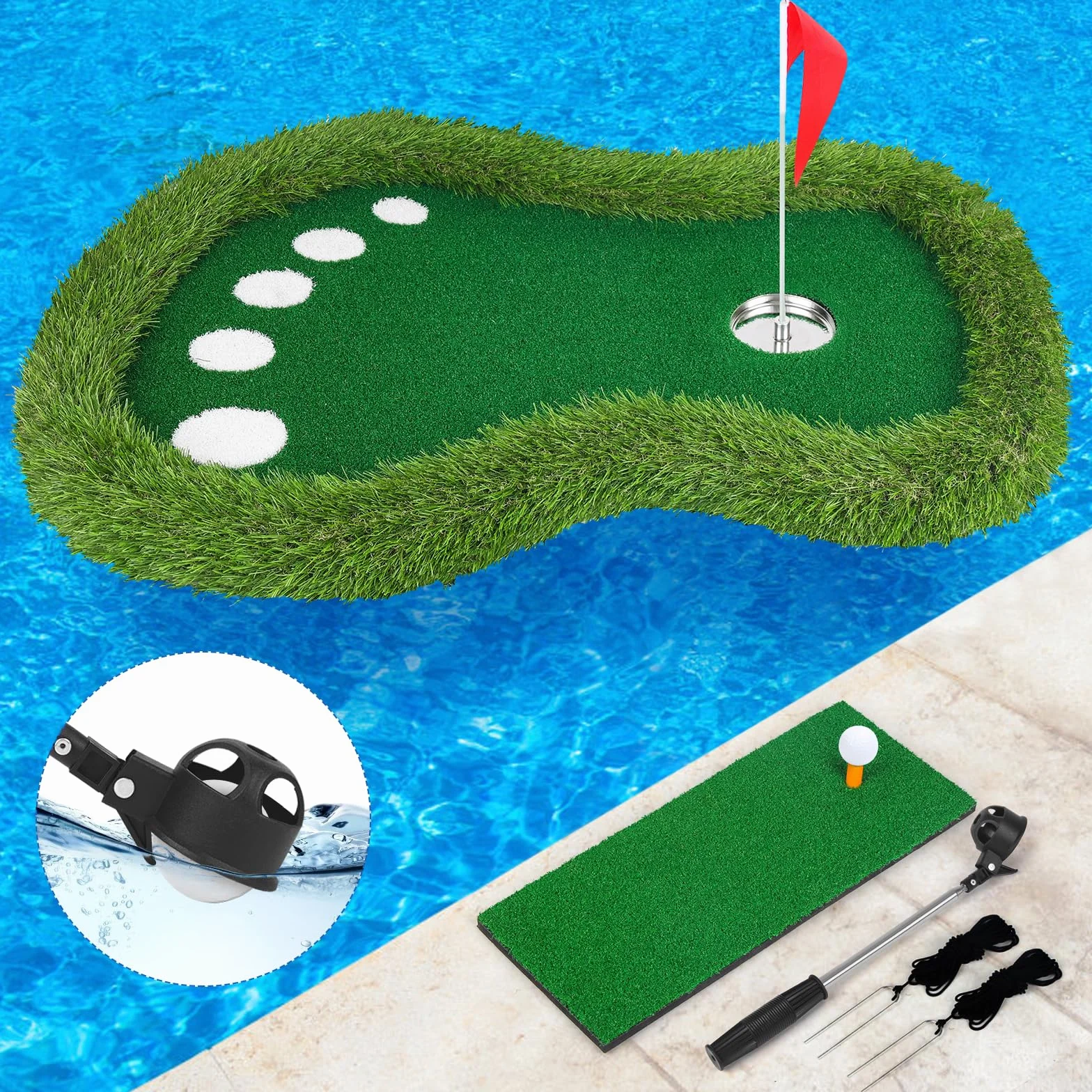 Juego de golf flotante verde para piscina, tapete verde flotante con recuperador de bolas para piscina/lago, juego de golf flotante para golfistas