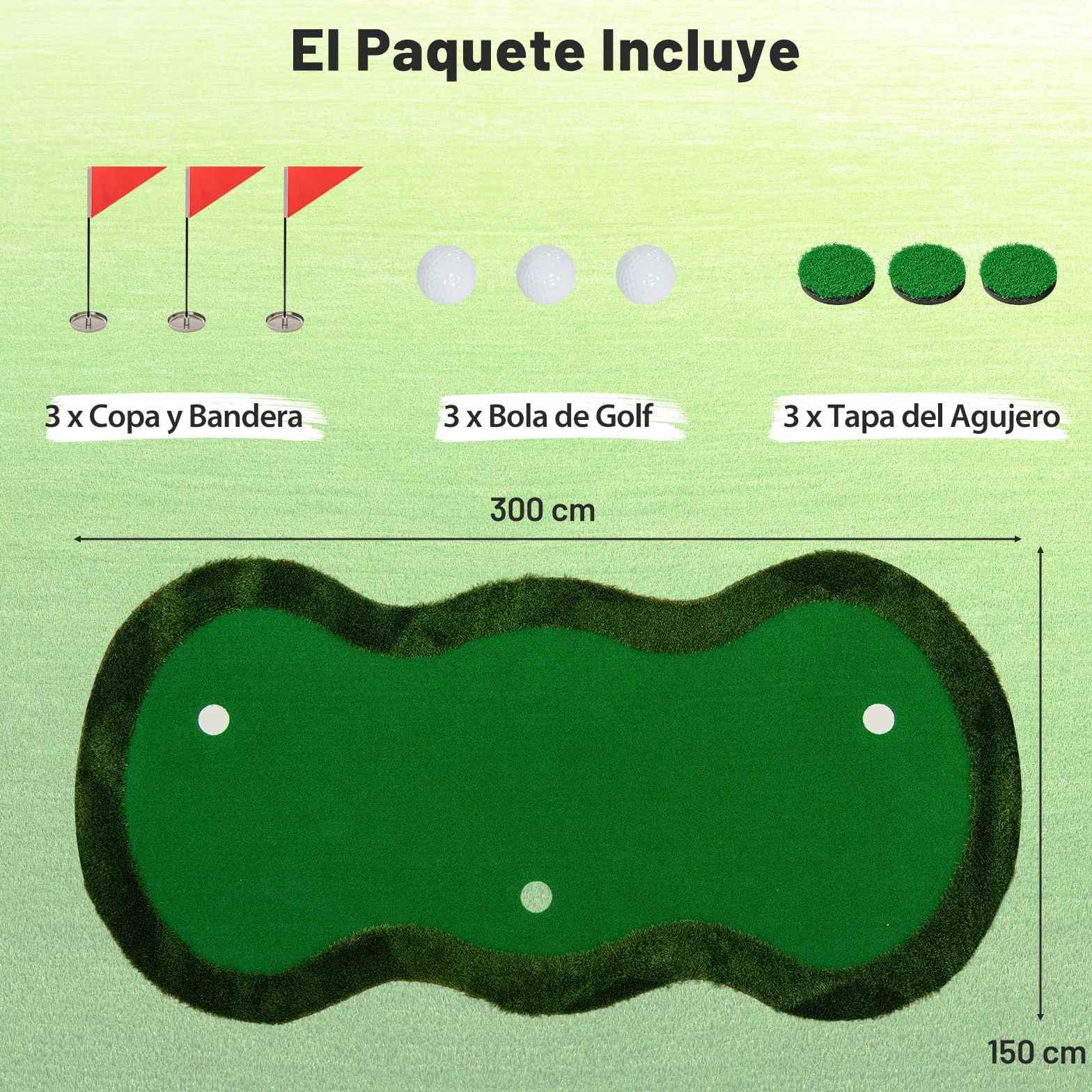 COSTWAY Alfombra de Putting de Golf, 300 X 150 CM, 3 Hoyos, 3 Banderas y Tazas, Tapete de Golf, Putting Mat Interiores Exteriores