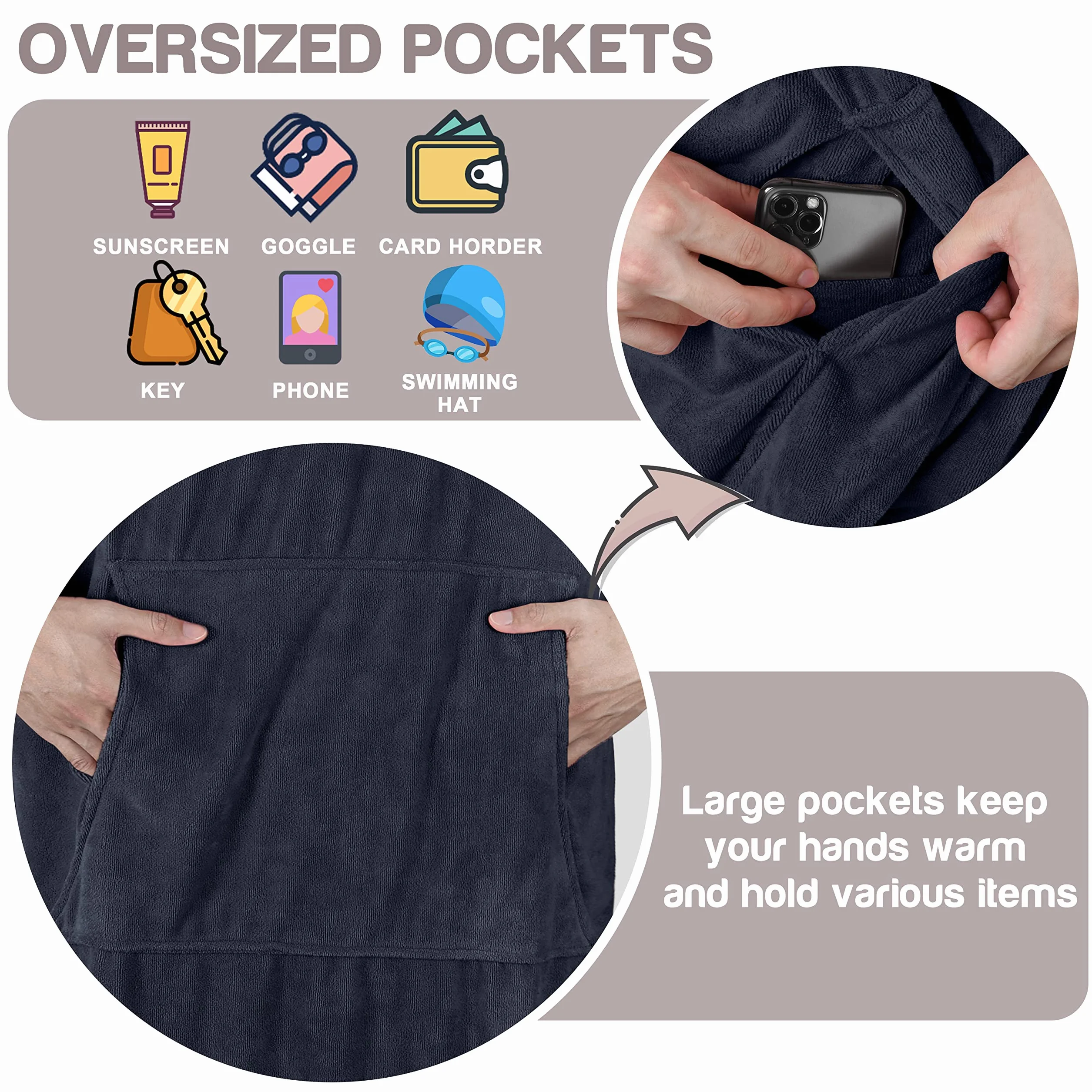 Kato Tirrinia Beach Surf Poncho con bolsillo Absorbente de agua Traje de neopreno Cambiador Sudadera con capucha Toalla Poncho Albornoz para surf Natación Baño Adulto Hombres Mujeres A prueba de arena
