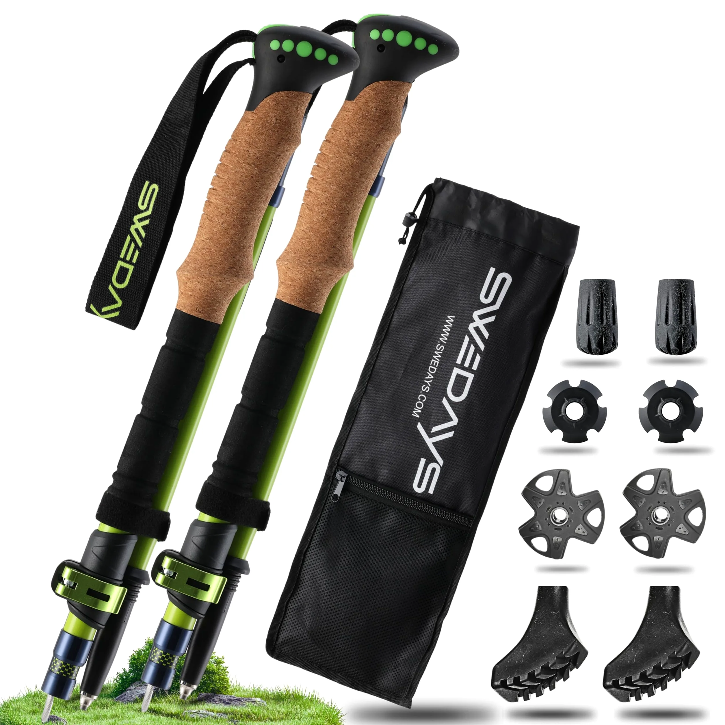 Bastones de Senderismo Plegables (35cm Plegados) - Carbono 3K o Aluminio 7075 - Telescópicos 115-135cm - Ultraligeros & Compactos - Mango de Corcho - Hombre & Mujer