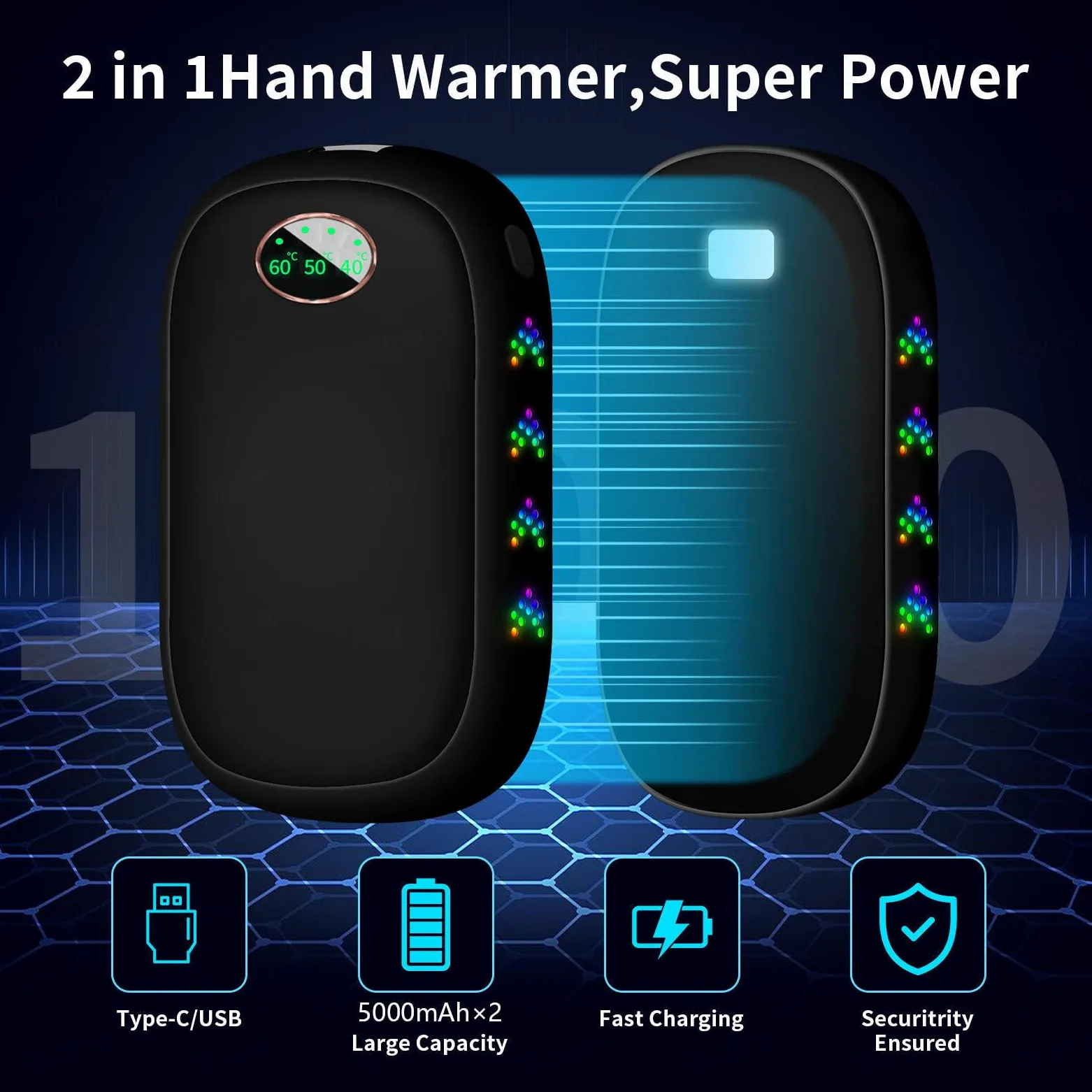 Calentadores de Manos eléctricos Recargables, Paquete de 2, 10 000 mAh, Calentadores de Manos para Acampar, USB-C Dividido, 10 Horas de Calidez, 3 Niveles de Calor hasta 140 ℉, reg