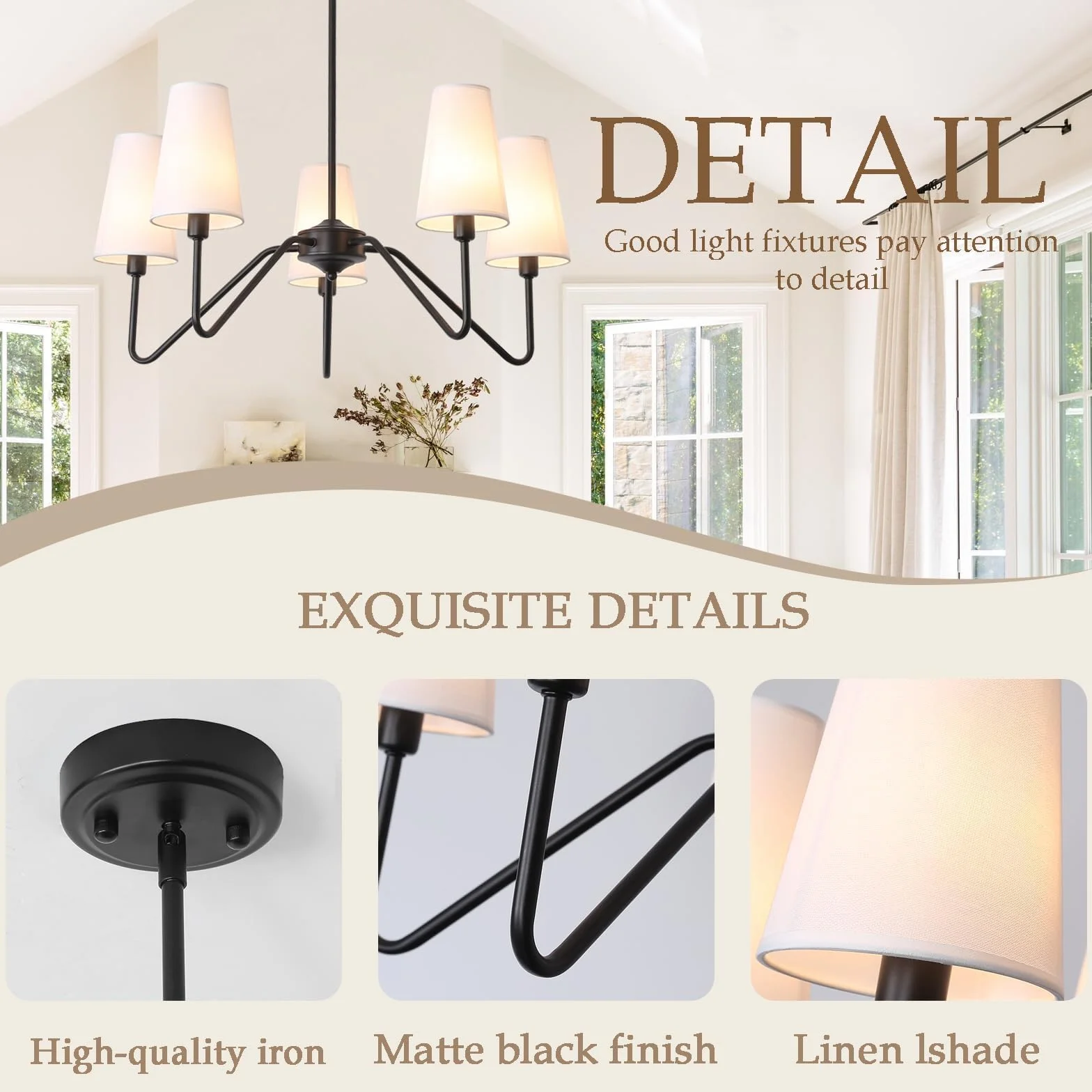 Lámpara Colgante Techo Negro 5 Luces 76cm E14 160W Pantalla Lino Blanco