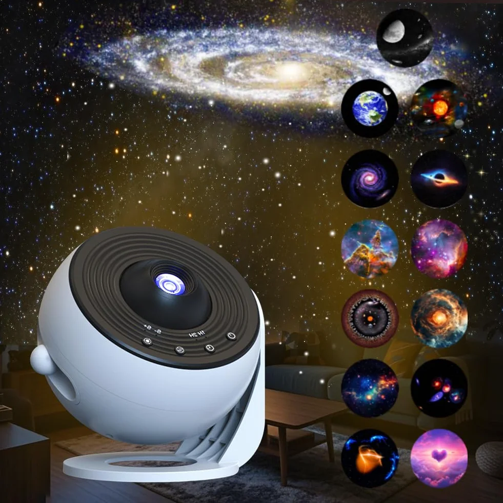 Proyector de Cielo Estrellado con 12 Discos Planetarios, Rotación 360°, Control Remoto