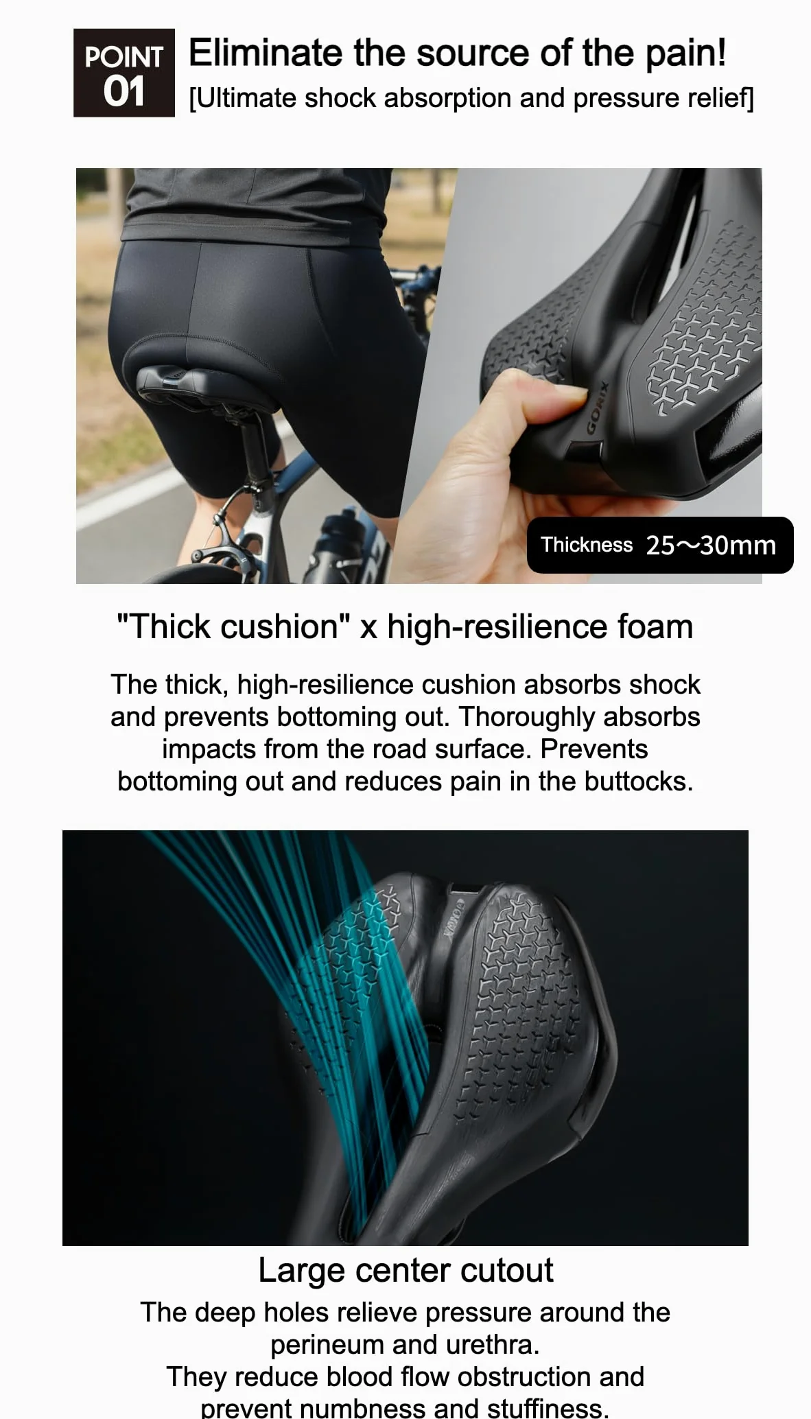 GORIX Asiento de sillín de bicicleta grueso y cómodo, nariz corta, absorción de impactos, bicicleta de carretera de montaña (ADV-ShortFly210)