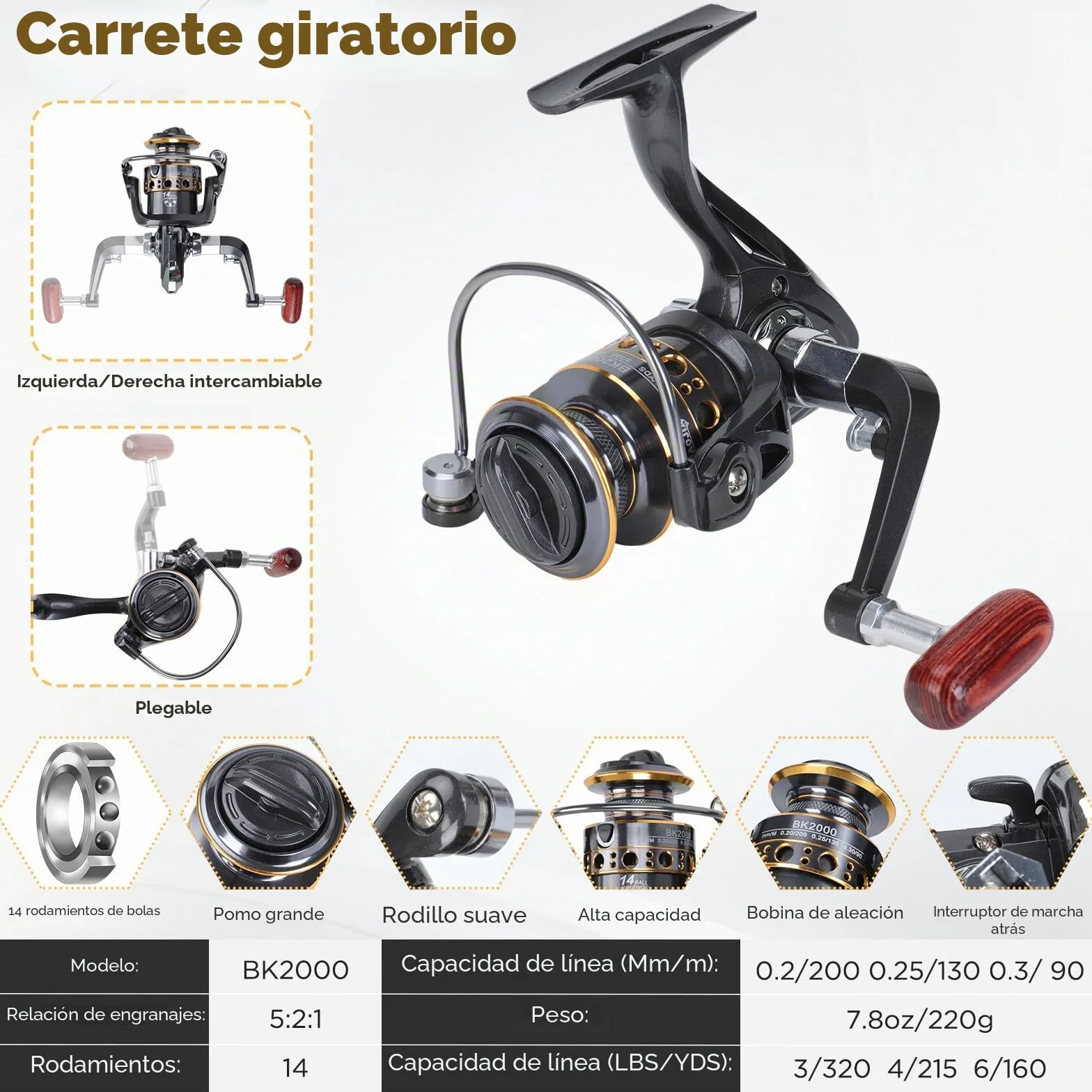 2.1M Juego de caña y Carrete Fibra de Carbono Combo de caña de Pescar telescópica y Carrete Giratorio con señuelos, Ganchos, línea y Bolsa de Transporte para Agua Salada y Agua Dulce