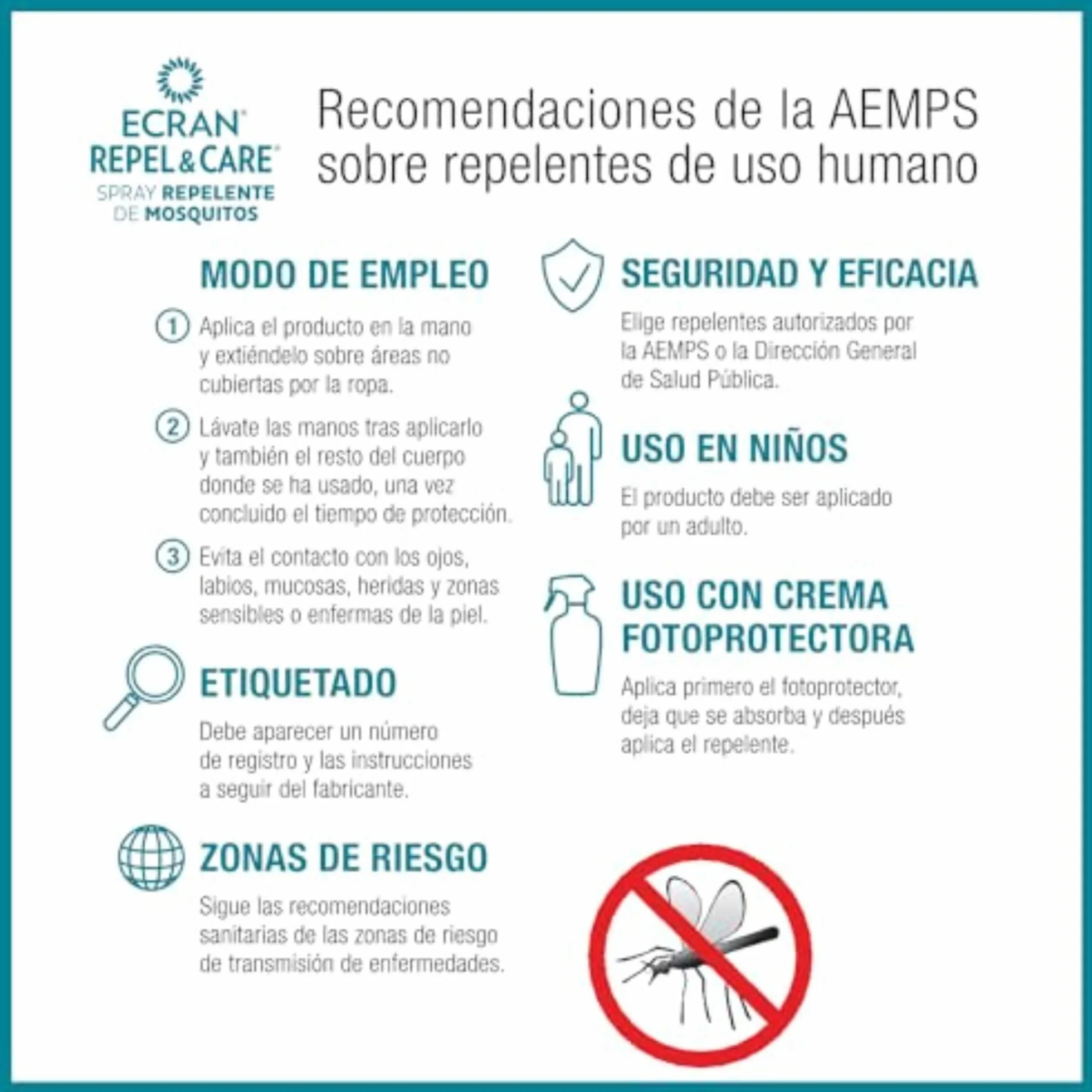 Repelente de Mosquitos sin Alcohol Ecran Repel Care 100 ml Spray Antimosquitos 6 Horas Protección