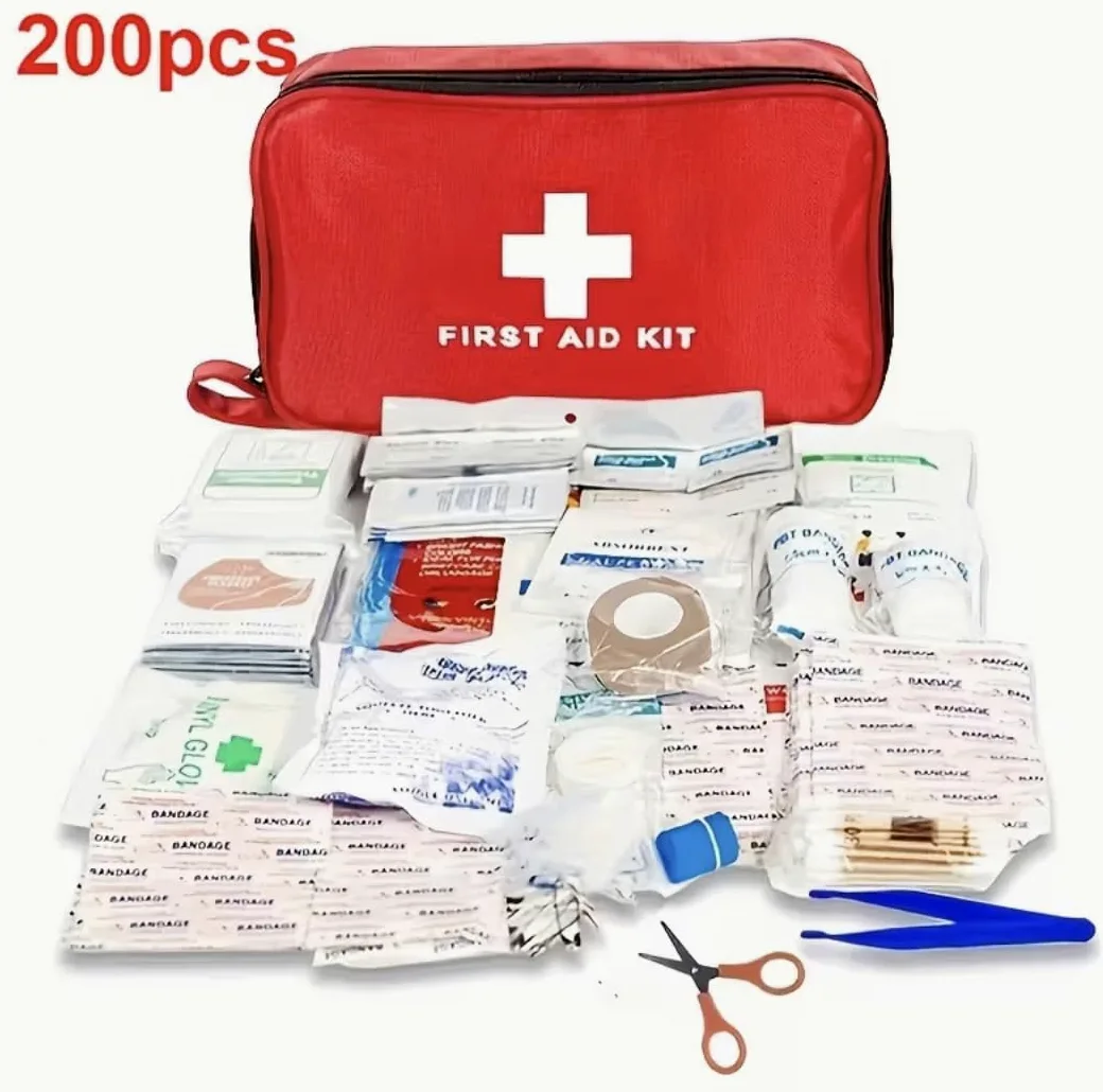 Paquete de emergencia - Bolsa de primeros auxilios de alta calidad con 200 artículos - Incluye enjuague para los ojos, 2 paquetes fríos y mantas de emergencia para el hogar, la oficina, el coche o la