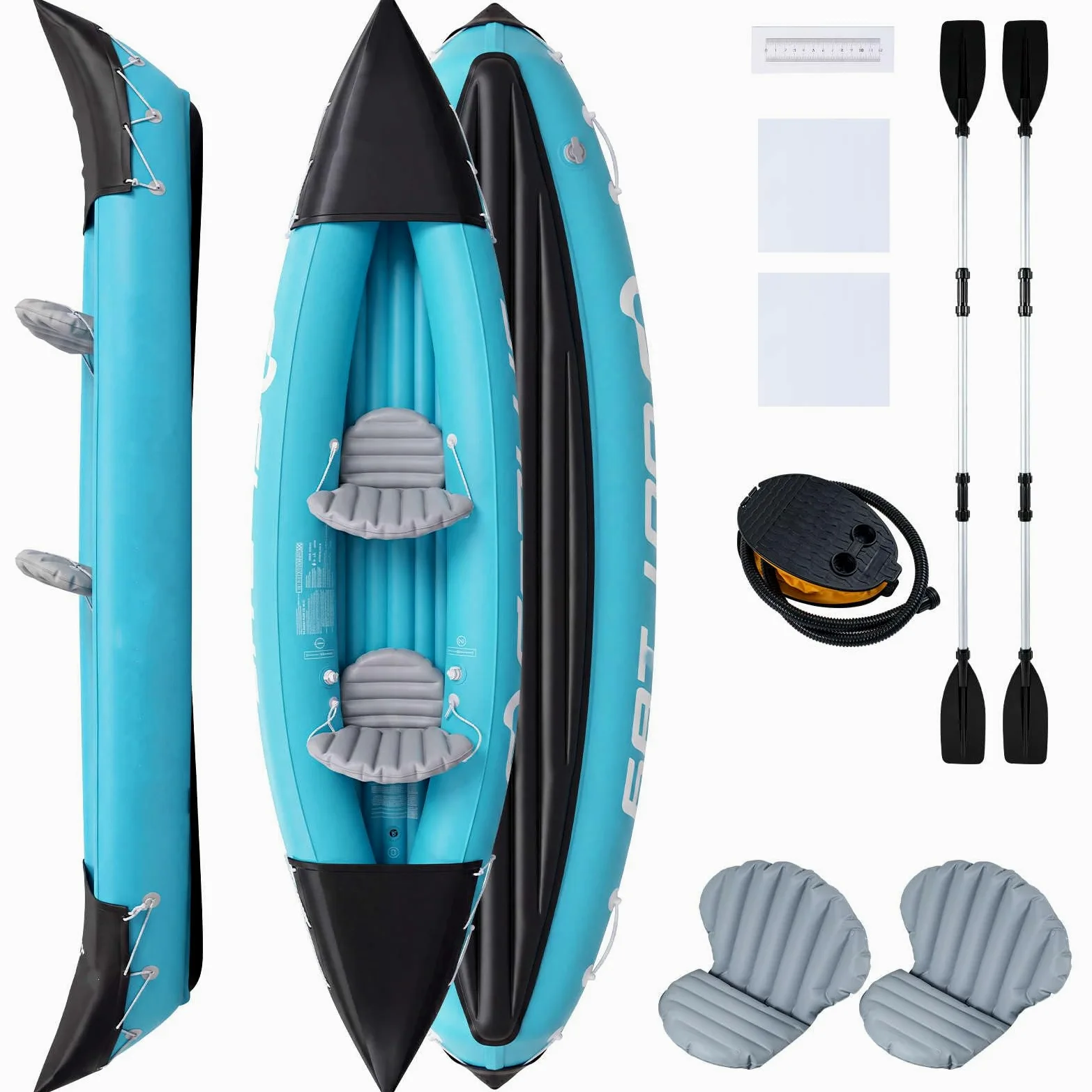 HOMASIS Kayak Hinchable de 2 Plazas | Barca Inflable con Remos Dobles de Aluminio, Asientos y Bomba de Pie para Pesca y Aventuras, Carga 160 kg, 321 x 92 x 45 cm