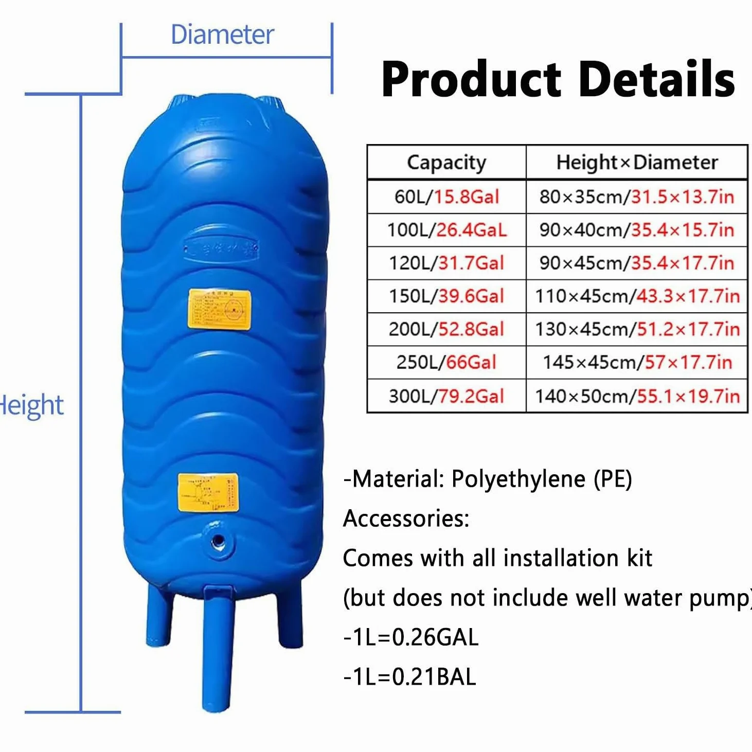 Tanque de Presión Automático PE 60L-150L para Pozo de Agua Vertical 100L/26.4GaL | Depósito Presurizado con Vejiga y Kit de Montaje | Almacenamiento para Bomba de Pozo,Hogar y Riego