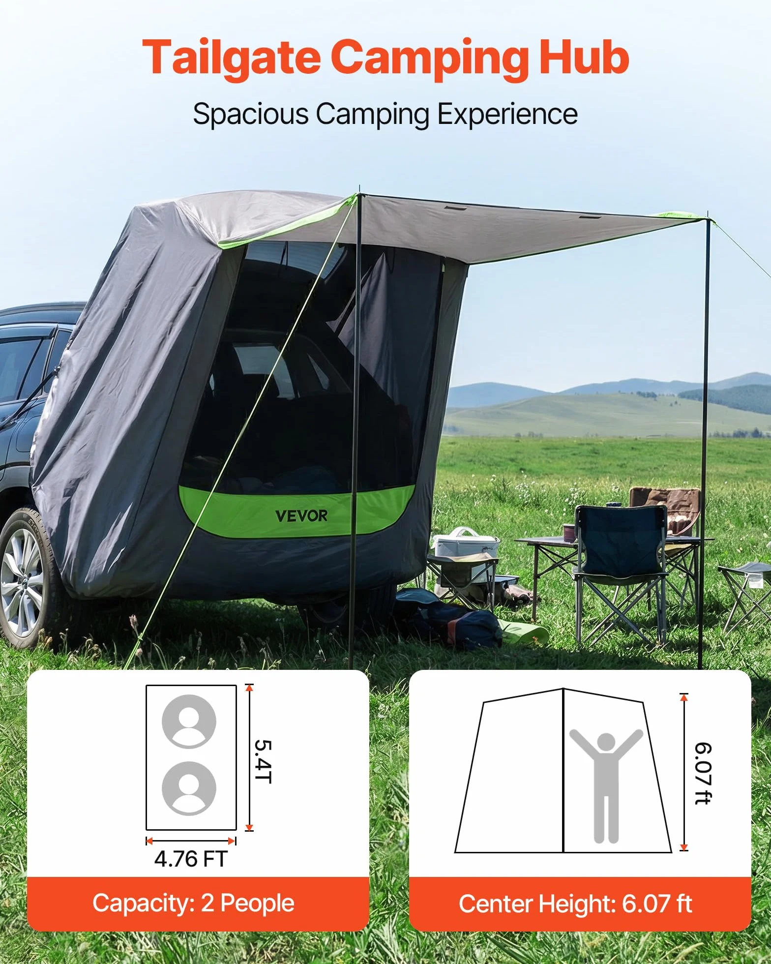 VEVOR Tienda de Campaña con Toldo para Coche 150x150 cm Impermeable PU2000 mm Carpa para Acampar