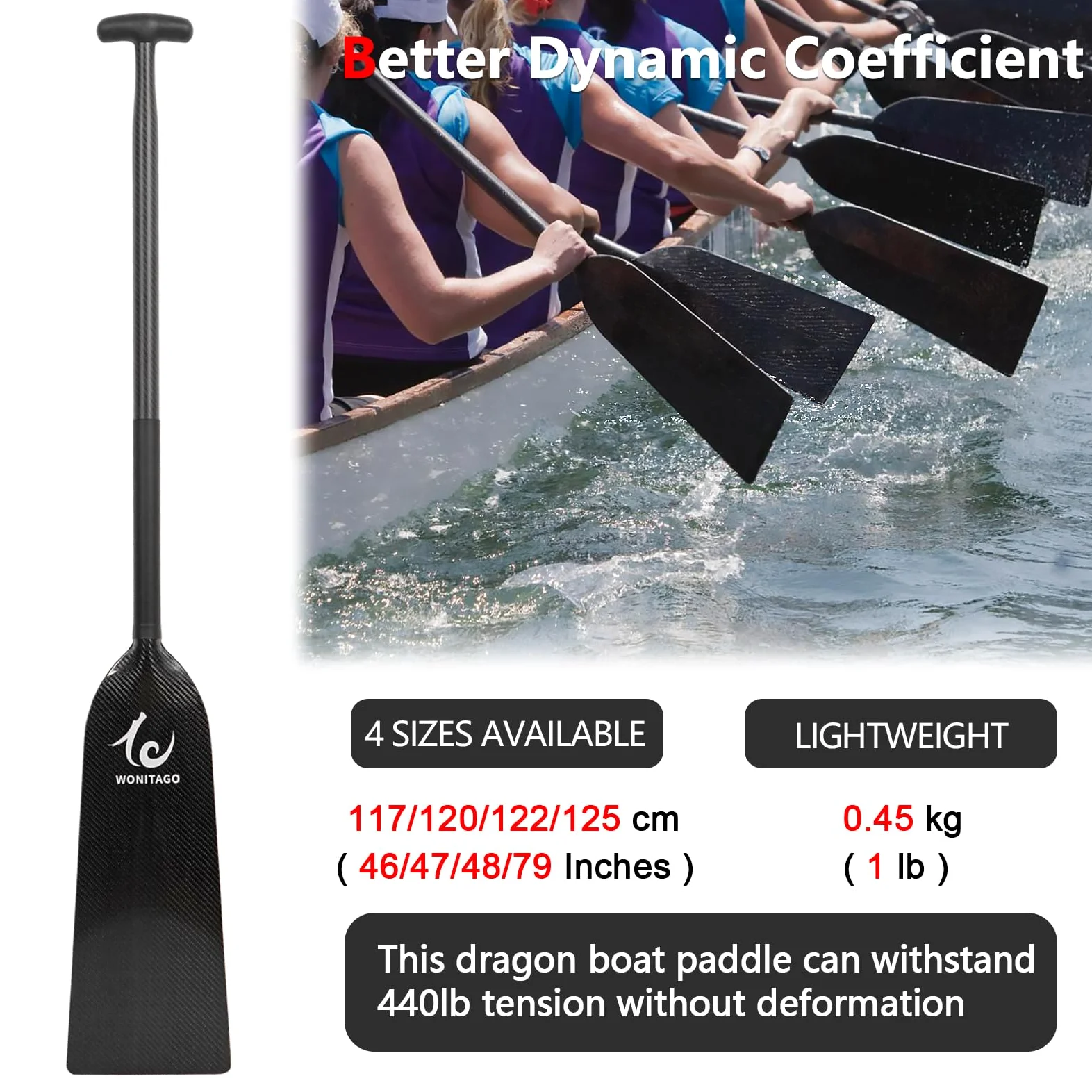Dragon Boat Paddle - Paleta ligera y duradera de fibra de carbono completa, aprobada por IDBF, 117/120/122/125 cm (46/47/48/49 pulgadas), color negro