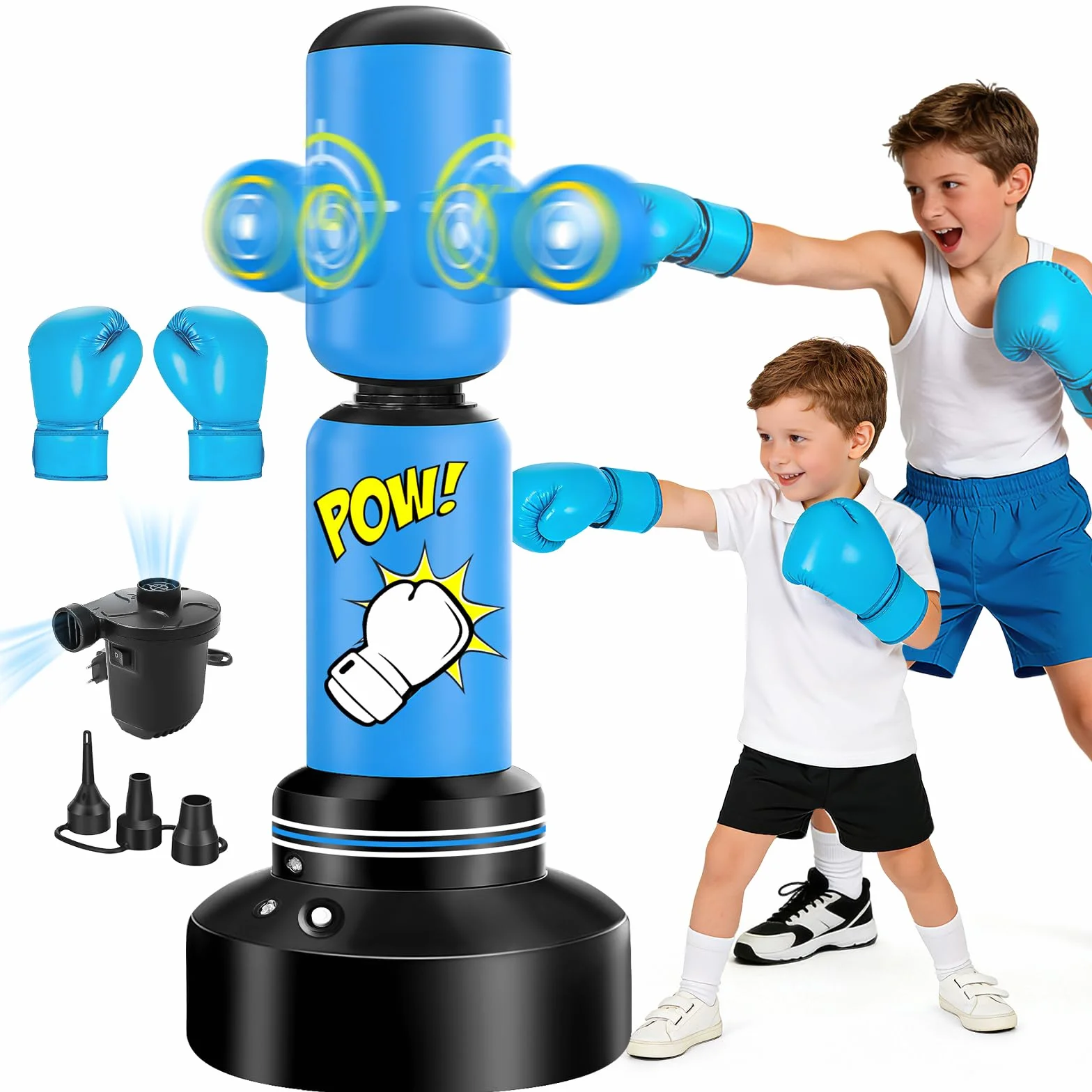 Saco Boxeo Niños,Saco de Boxeo Hinchable con Guantes y Inflador Electrico,Kickboxing, Equipo de Boxeo para Niños y Niñas de 6 a 14 Años