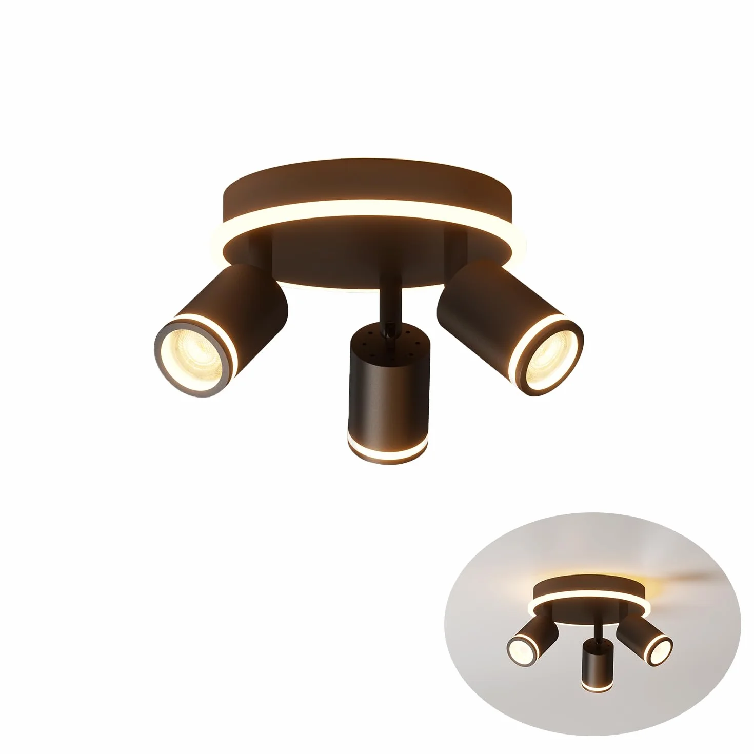 LVWIT Lámpara de Techo LED Giratorio 3 Focos GU10 Negro Metal