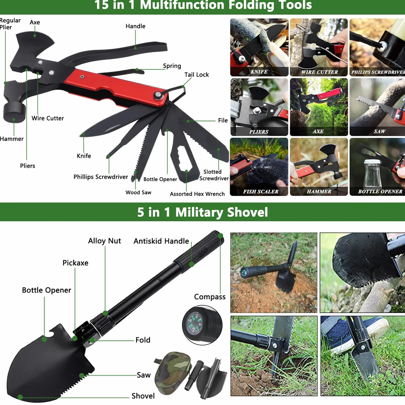 Kit de Supervivencia, Equipo de Emergencia, Kit Supervivencia con Hacha de Martillo Multifuncional, Kit de Emergencia para Viajar Caminar Acampar al Aire Montaña (Negro)