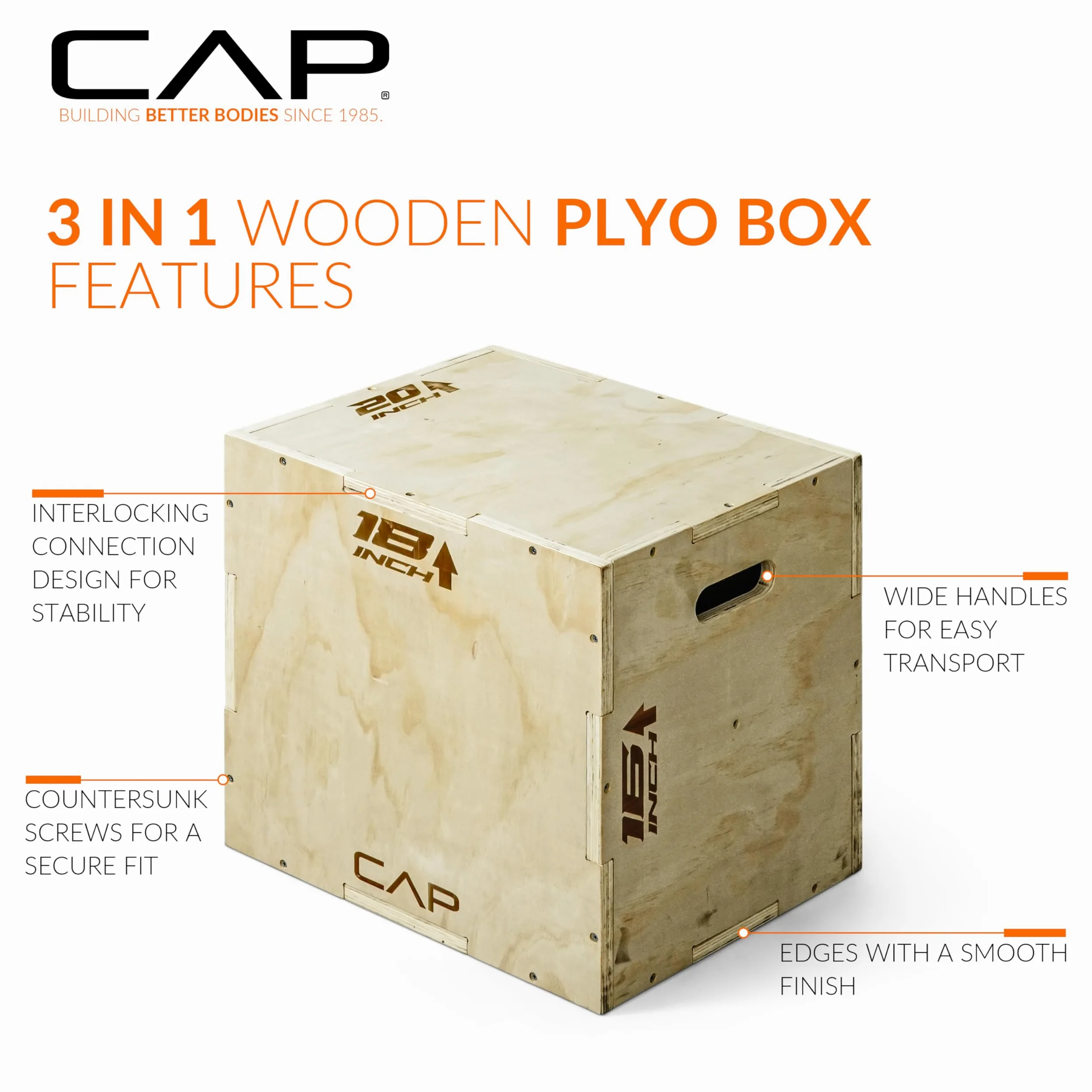 CAP Barbell Caja pliométrica de madera 3 en 1 de 20 x 18 x 16 pulgadas