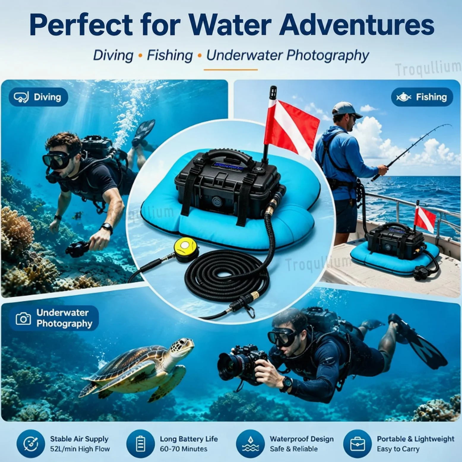 Sistema de Buceo Sin Tanque Recargable, Sistema de Ventilación para Buceo, Impermeable y Resistente a los Golpes,Larga Duración 60-70 minutos, para Buceo y Pesca