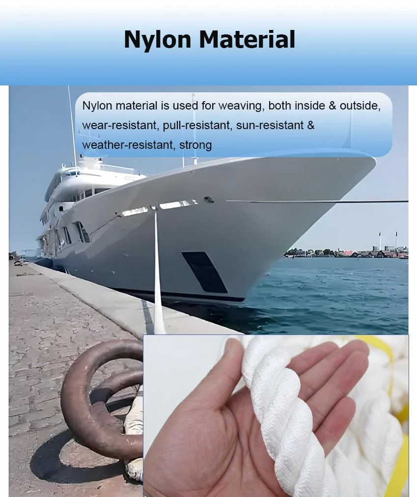 Línea de muelle trenzada doble, cuerda de nailon de tres hebras, utilidad resistente para amarre y remolque, ideal para navegación, vela y actividades acuáticas