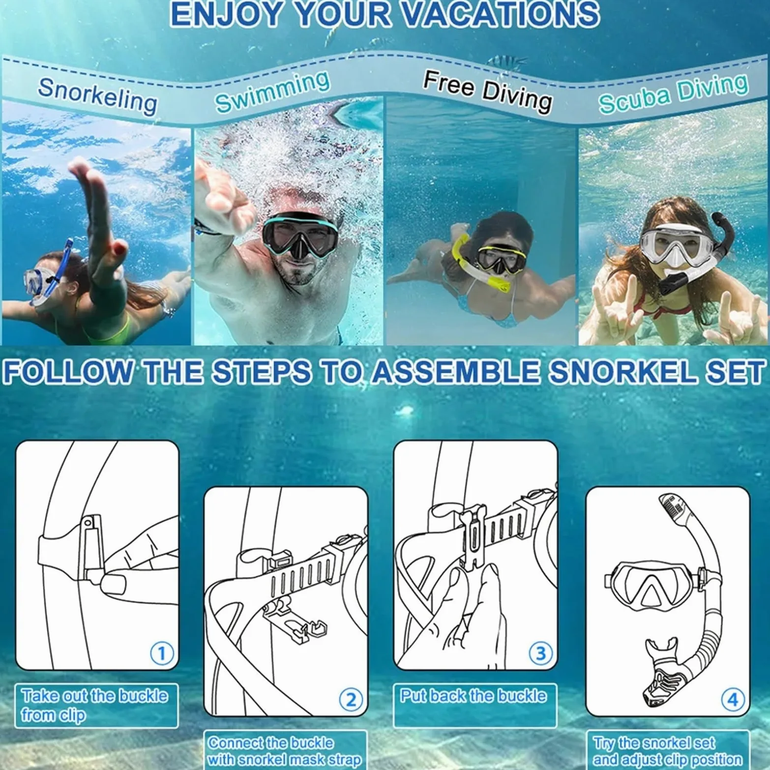 Kit de de Buceo Máscaras de Buceo, Equipo de Snorkel, Falda de Silicona para Adultos, Gafas antivaho, Equipo para Piscina Buceo(Blue Set)