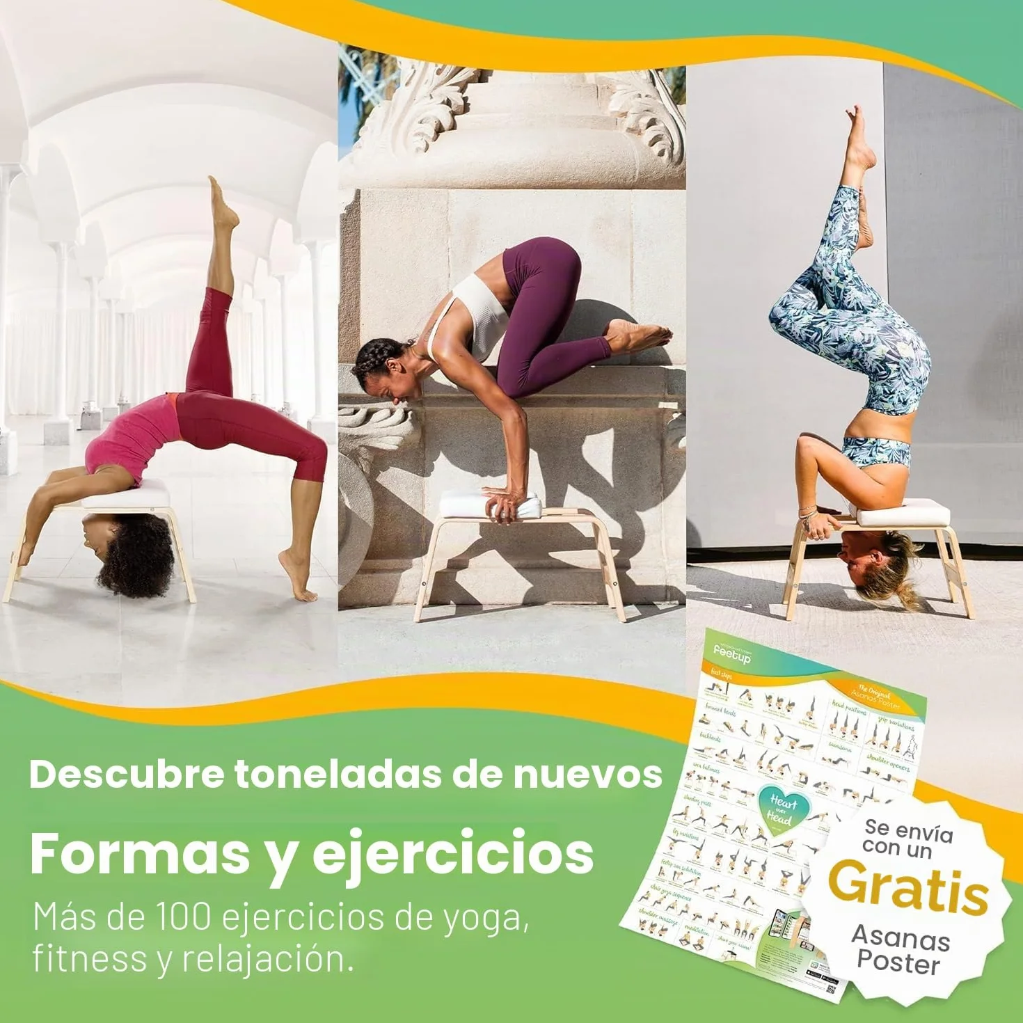 FeetUp - El Banco Original de Yoga, Banco y Soporte Vegano, Equipo de inversión de Entrenamiento de Fuerza para relajación y Fuerza, Incluye aplicación y Kit de Inicio (Honey, Chai)