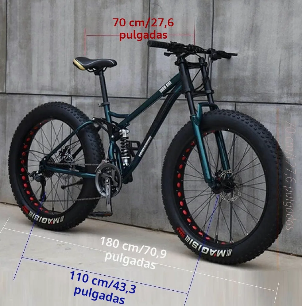 Bicicleta Montaña 24/26" para Adultos, con Neumáticos Anchos, 21 Velocidades, Cuadro Acero Carbono, Suspensión Doble, Freno Disco Doble C,26inch