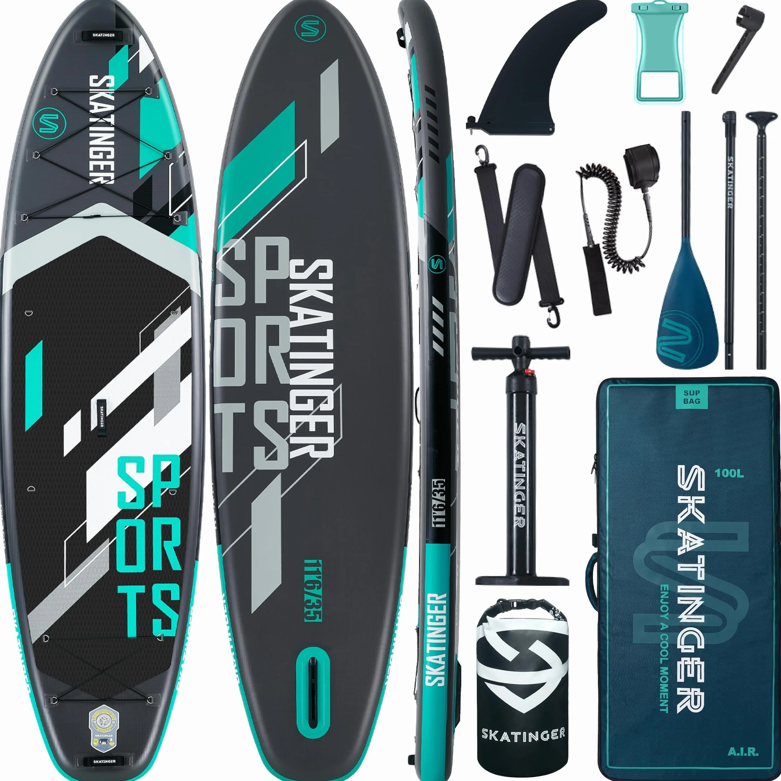 Skatinger Tabla de remo inflable súper ancha de 11 pies 6 x 35 pulgadas, tabla de surf de remo ancha ultra estable para 2 + 1 personas/familia/tamaño grande con correa para el hombro, mochila de 100