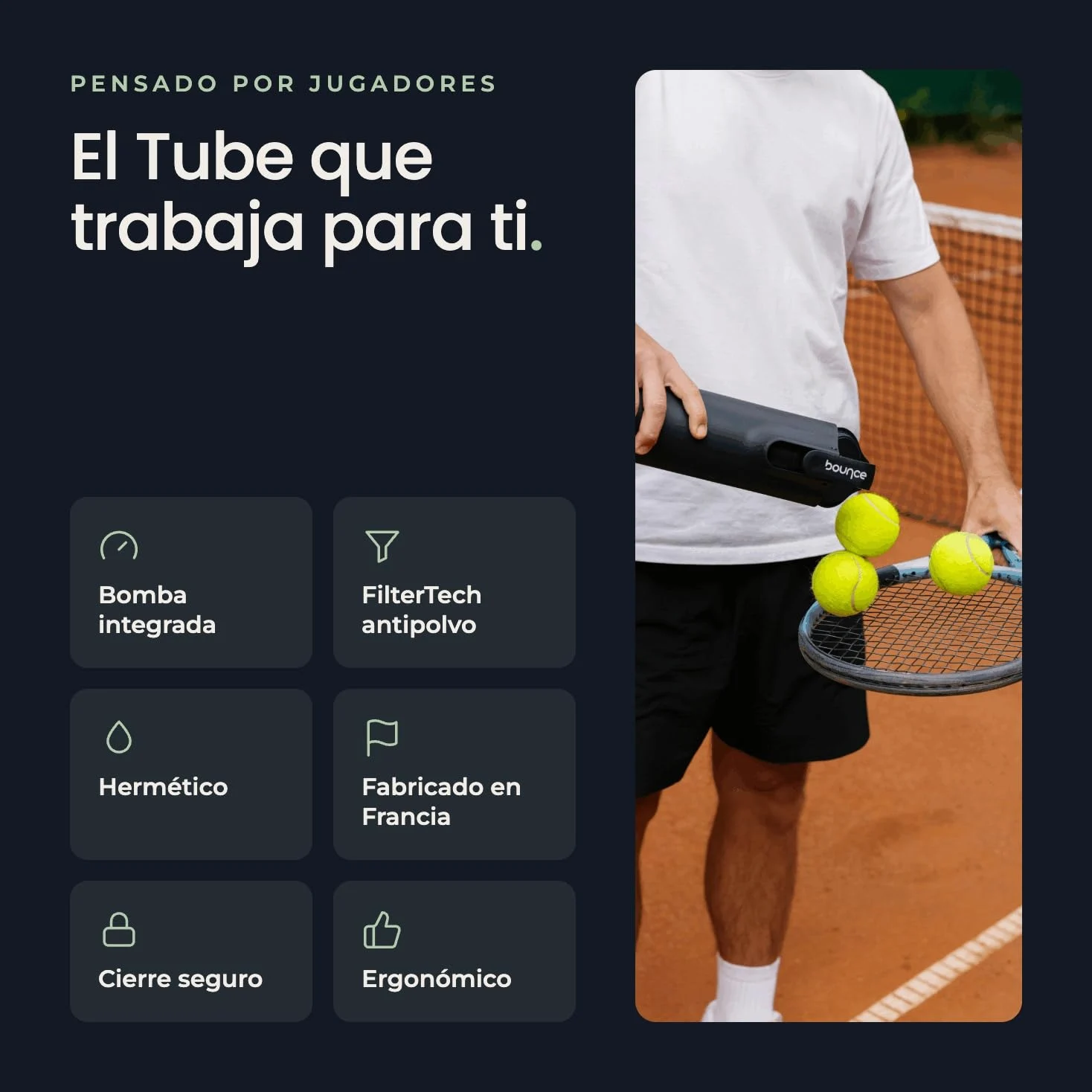 Bounce Tube FilterTech - Presurizador de Pelotas de Tenis | Vida Útil x3 – Estanqueidad Reforzada 3 Semanas – Bomba Integrada Patentada – Made in France