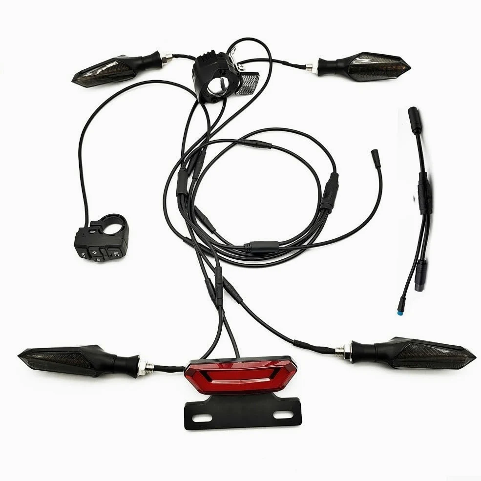 Kit completo de iluminación para bicicleta eléctrica de 36 V, 48 V, 52 V, faros delanteros, intermitentes de freno trasero con luces fluidas, IPX4, juego de seguridad impermeable para triciclo de