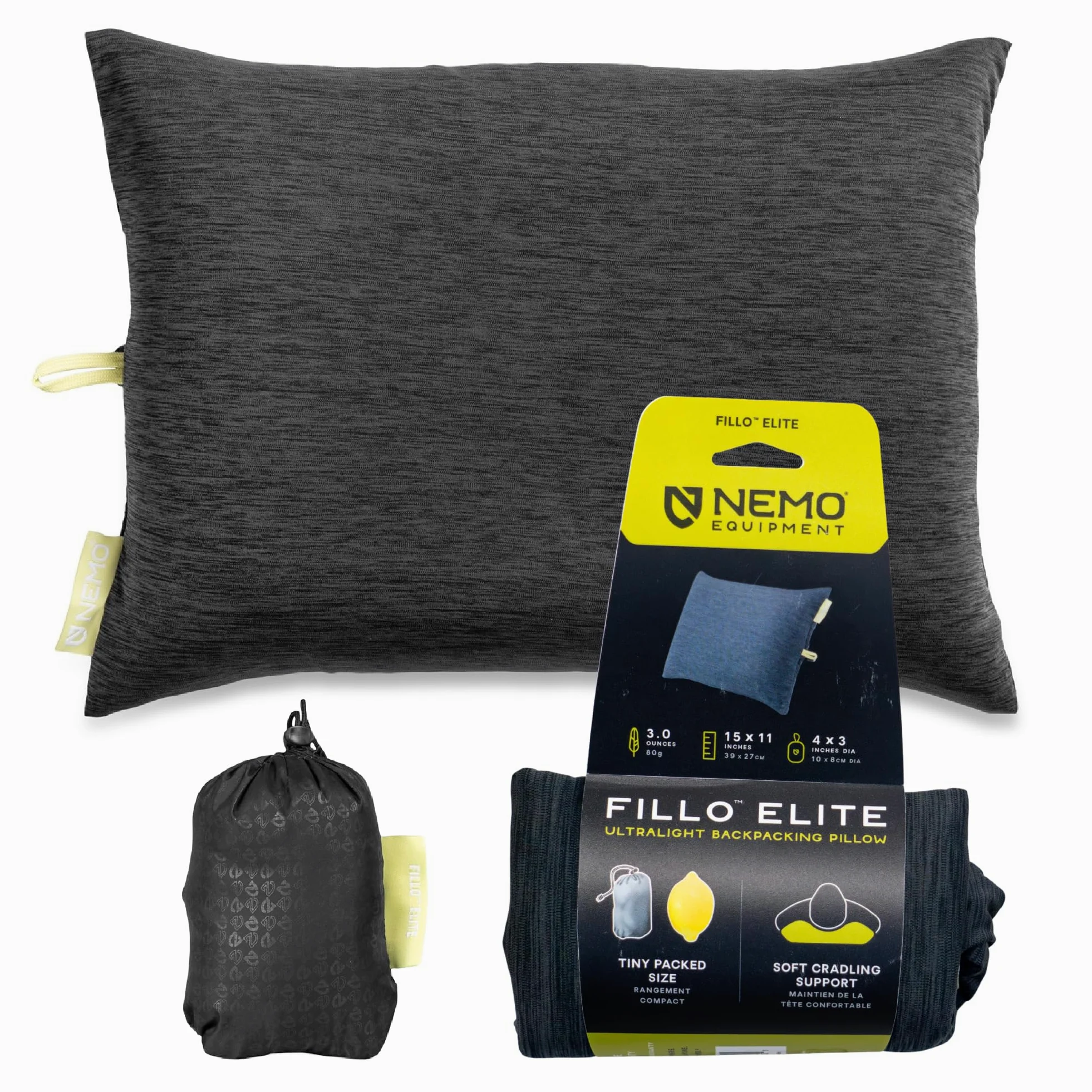 Almohada ultraligera para mochilero NEMO Equipment Fillo Elite, negro perla/citrón, talla única