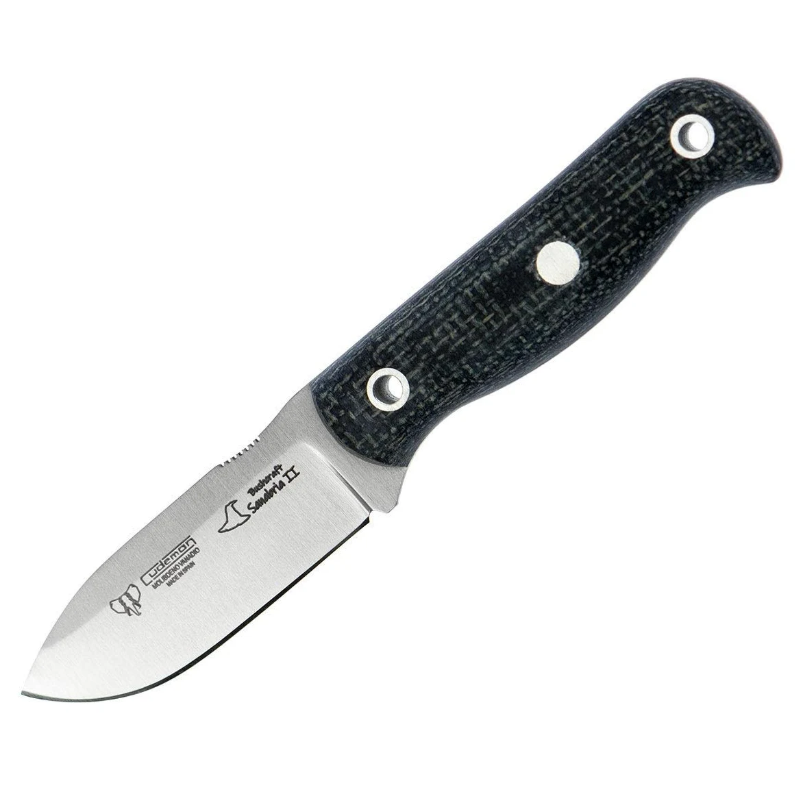 Cuchillo Cudeman 182-T Mini SANABRIA II BUSHCRAFT hoja de acero ACX-380 de 7 cm empuñadura de yute negro de 8,5 cm funda de cuero para Caza, Pesca, Supervivencia y Bushcraft