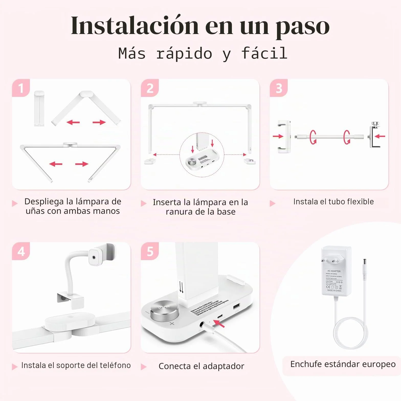 Media Luna Lámpara para Uñas 34" con Soporte 3 Modos de Color 10 Niveles de Brillo Ajustables Blanco