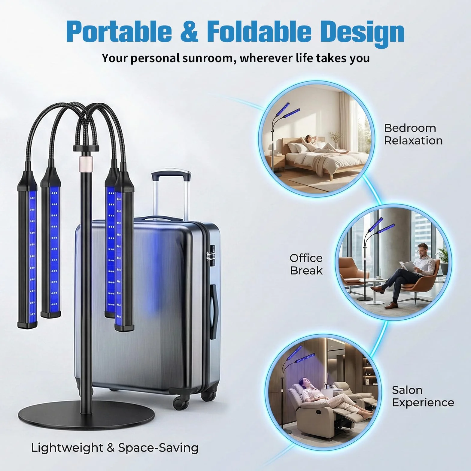 Lámpara de bronceado facial LED 4 cabezales 540 bombillas, soporte giratorio 360°, 5 modos, temporizador ajustable con gafas