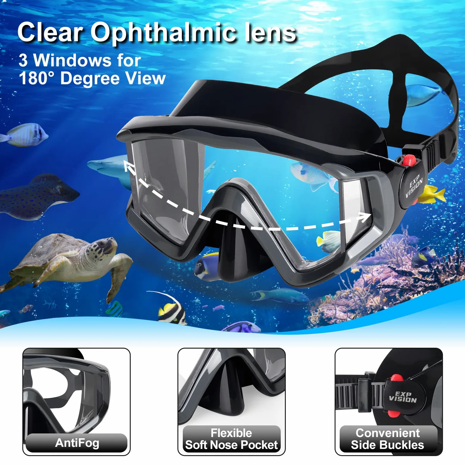 Pano - Juego de esnórquel de 3 ventanas para adultos, gafas de esnórquel profesionales, máscara de buceo antivaho, gafas de natación antifugas y esnórquel de parte superior seca para buceo, esnórquel