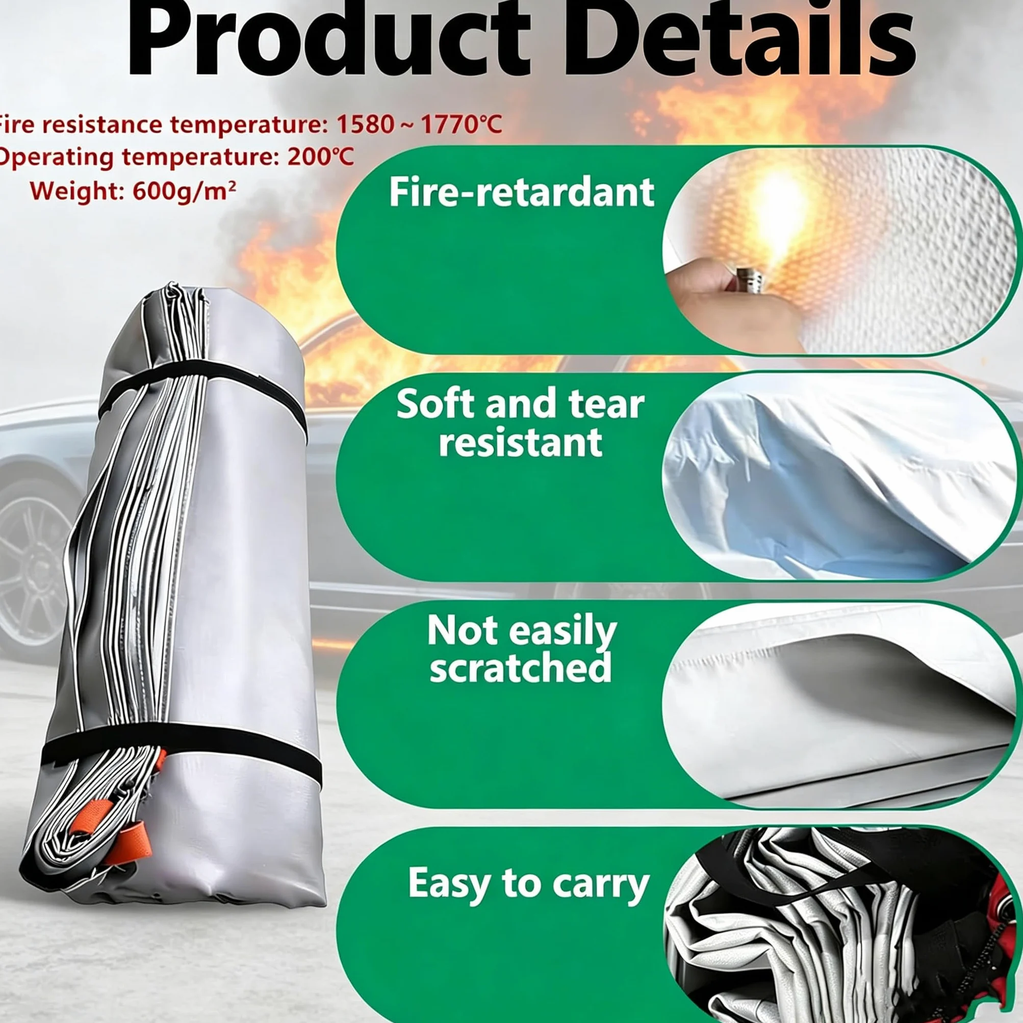 Manta grande de fibra de vidrio de silicona de doble cara para coche, manta de emergencia para extintor de incendios, reutilizable, 4 x 6 m
