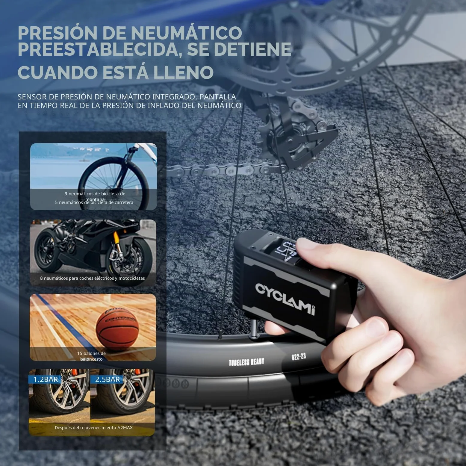 A2MAX Bomba de Bicicleta 150PSI Mini Eléctrico de la Bicicleta con Manómetro Digital Bomba Portátil Parada Automática con Válvulas Presta y Schrader para Bicicletas de Carretera y de Montaña