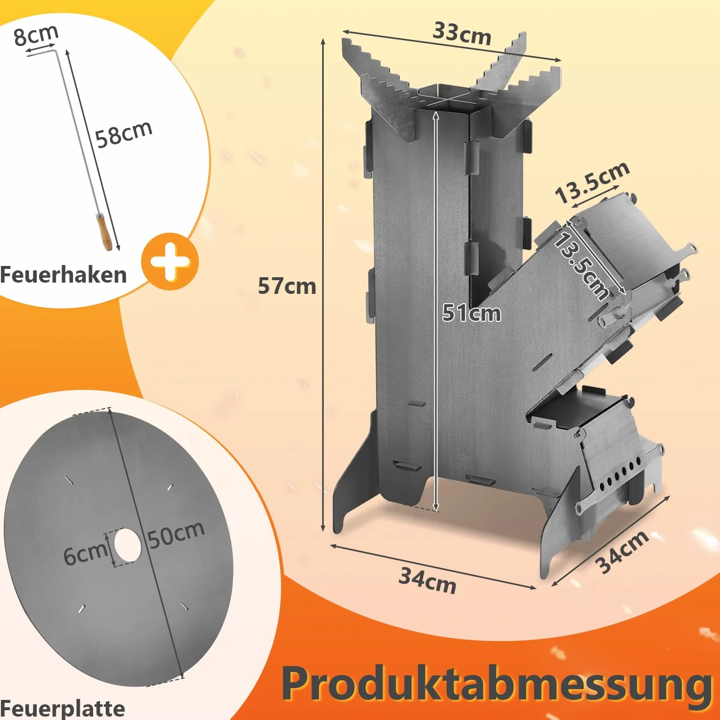 Eulenke Horno de cohetes con placa de parrilla y gancho para fuego, sistema de conexión Rocket Stove de acero de 3 mm de grosor, estufa de cohetes, estufa de leña, estufa de camping, estufa de cañón