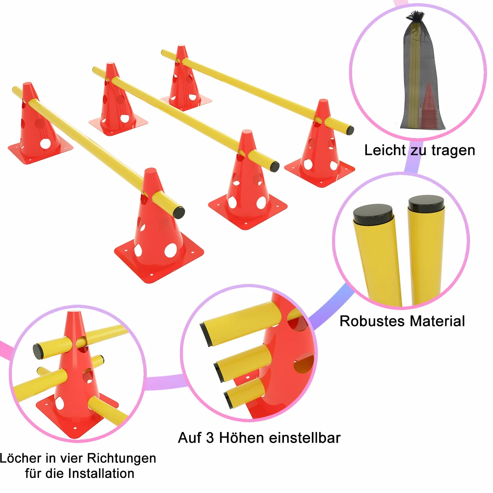 YRHome Juego de 6 tornillos de agilidad para entrenamiento de coordinación, accesorios de entrenamiento de agilidad, 12 conos multiusos y 6 barras de altura ajustable, combinaciones multifuncionales
