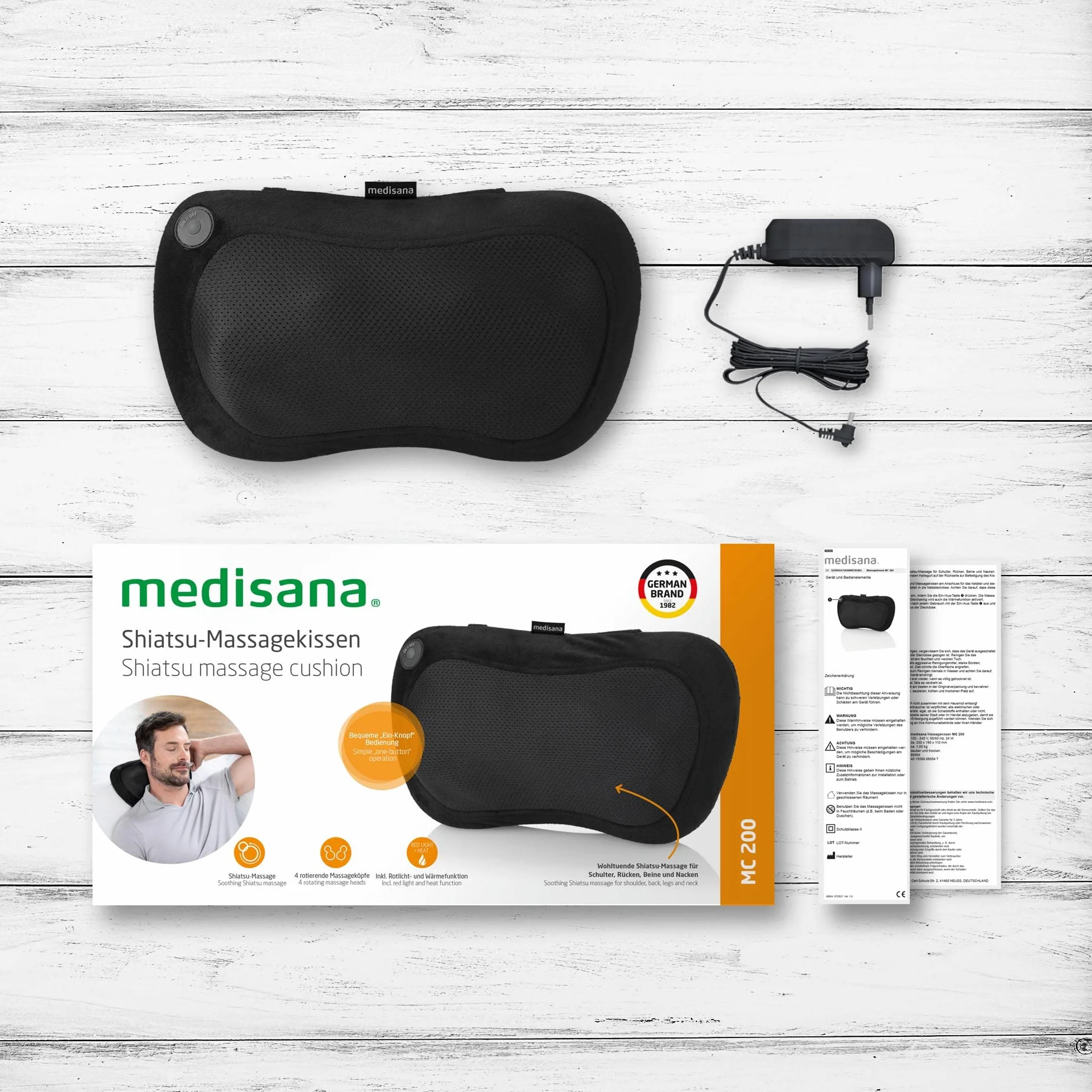 medisana MC 200 Cojín de masaje Shiatsu con calor, 4 cabezales giratorios, luz roja