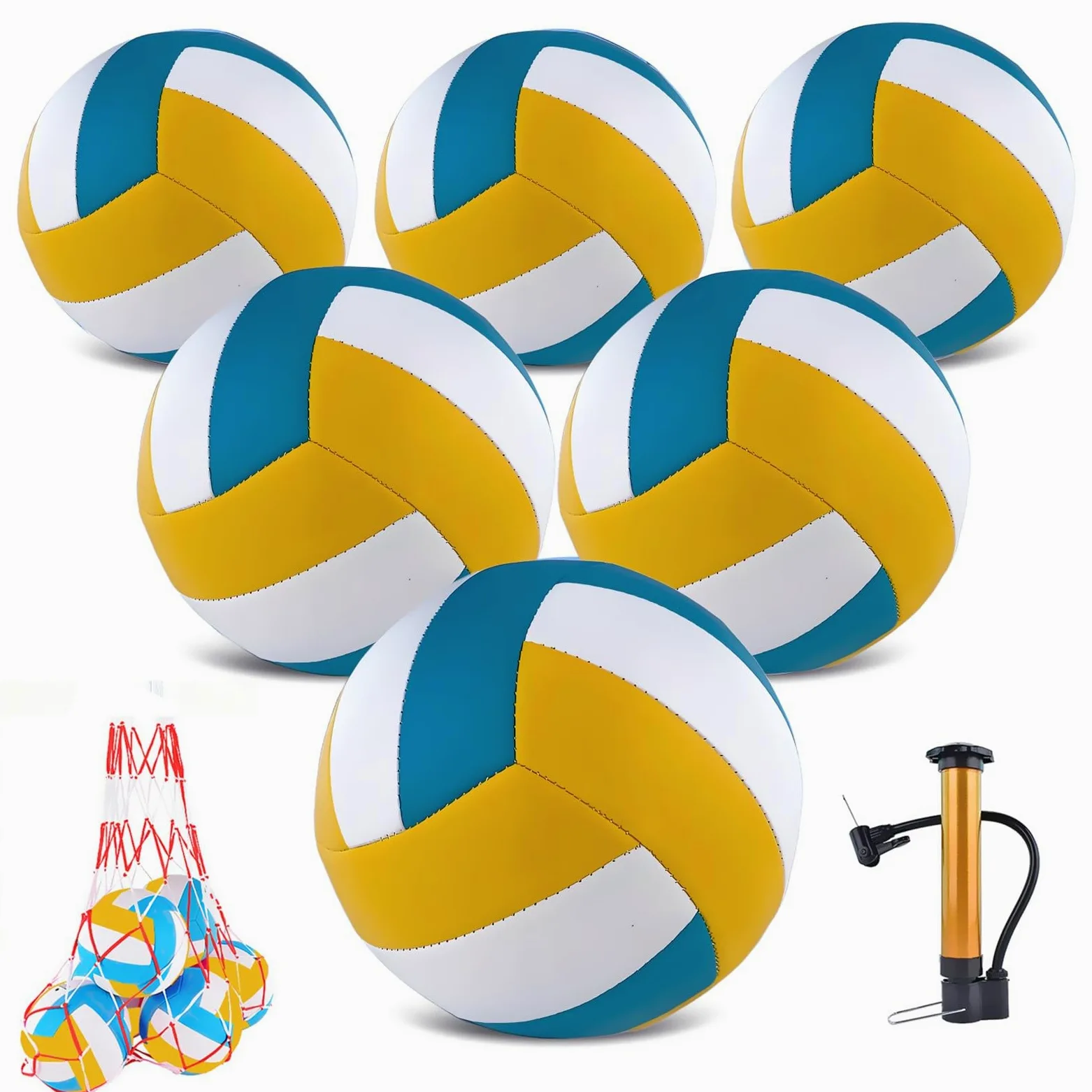 Paquete de 6 pelotas de voleibol, tamaño oficial 5, impermeables, suaves, a granel, con bomba y bolsa de red para interiores y exteriores, playa, arena, agua, piscina, partido de entrenamiento para